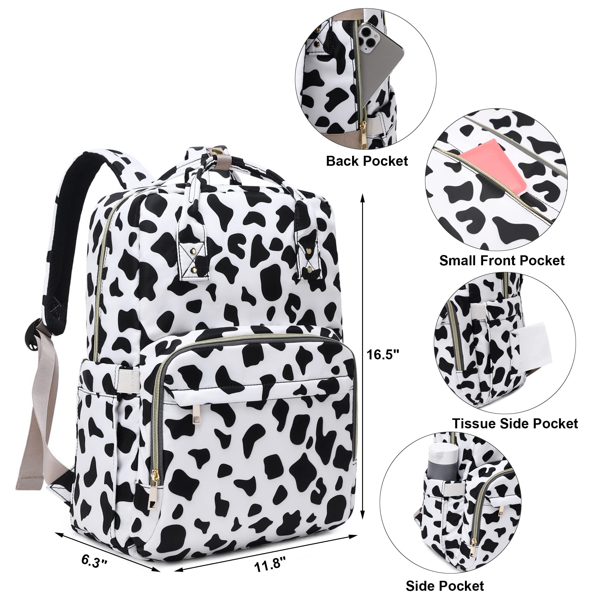 Kouxunt cow print diaper bag stroller straps for hands-free outings.