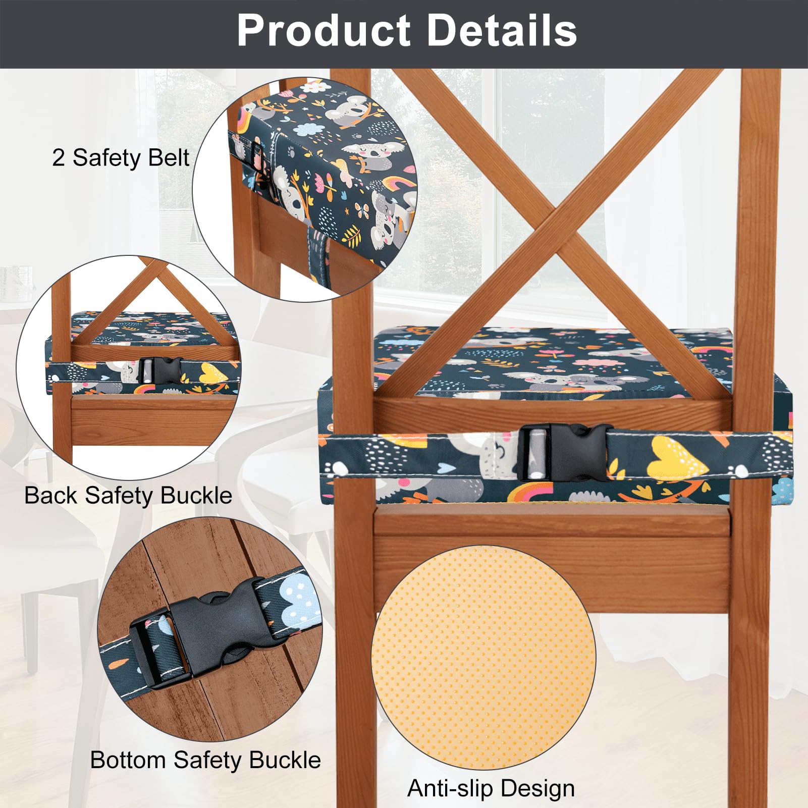 KOXUIUF dining-chair strap system keeps the booster securely in place during use.