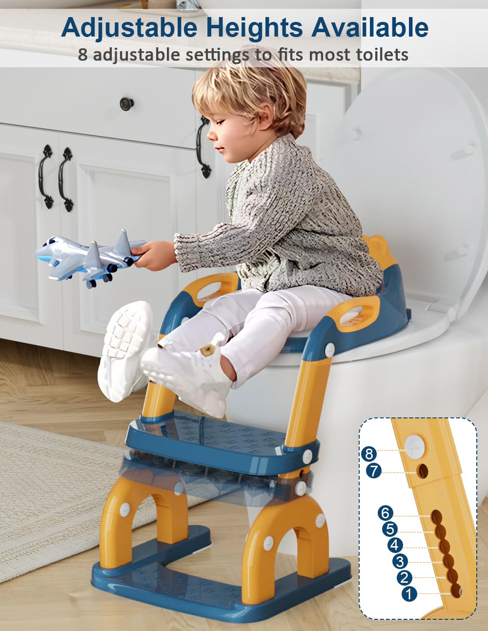 Koyosnier potty seat with adjustable step height for growing toddlers.