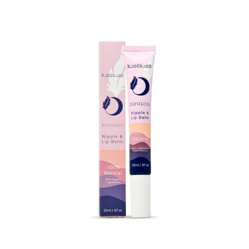kozekoze Nip Gloss tube front, dermatologist-tested for safe breastfeeding relief.