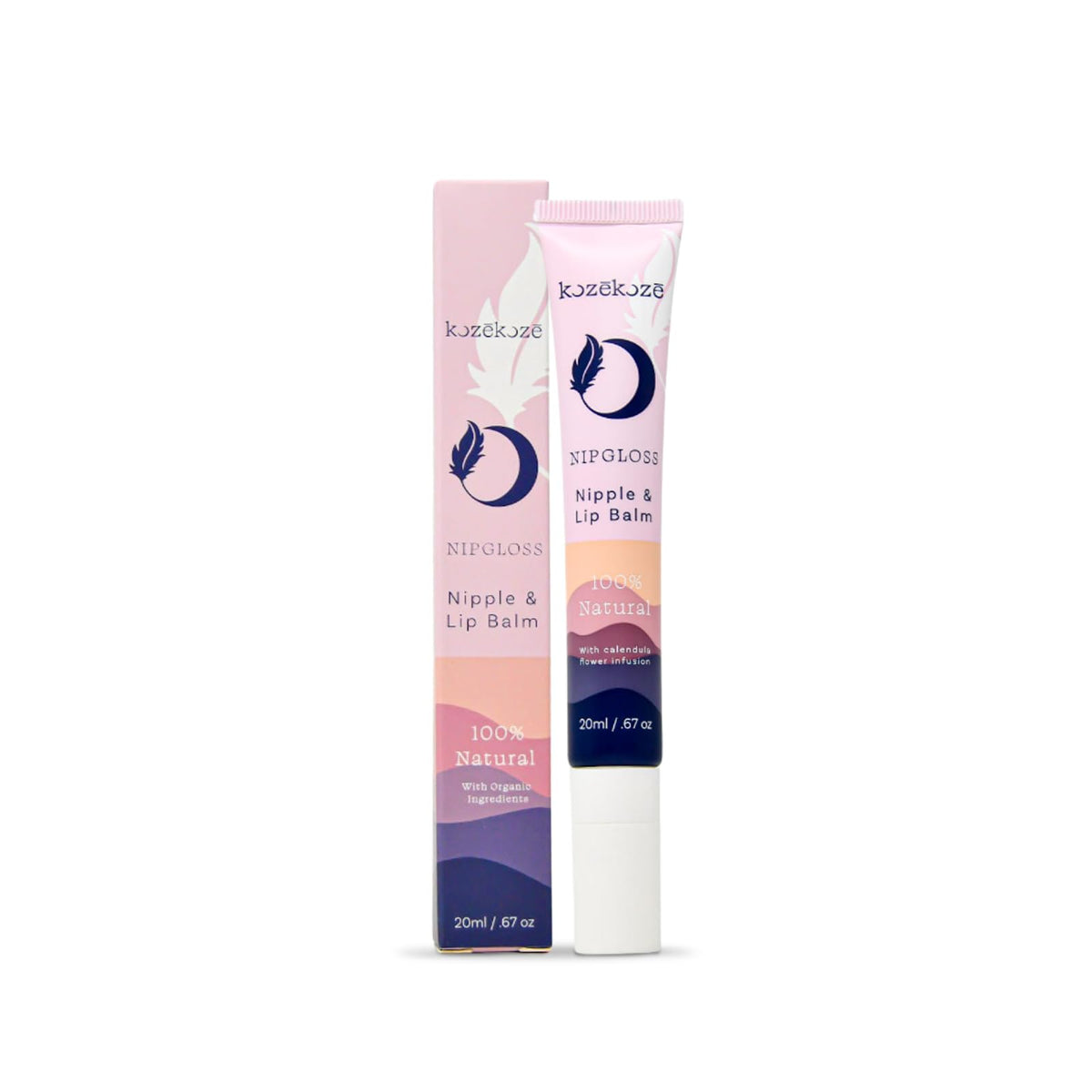 kozekoze Nip Gloss tube front, dermatologist-tested for safe breastfeeding relief.