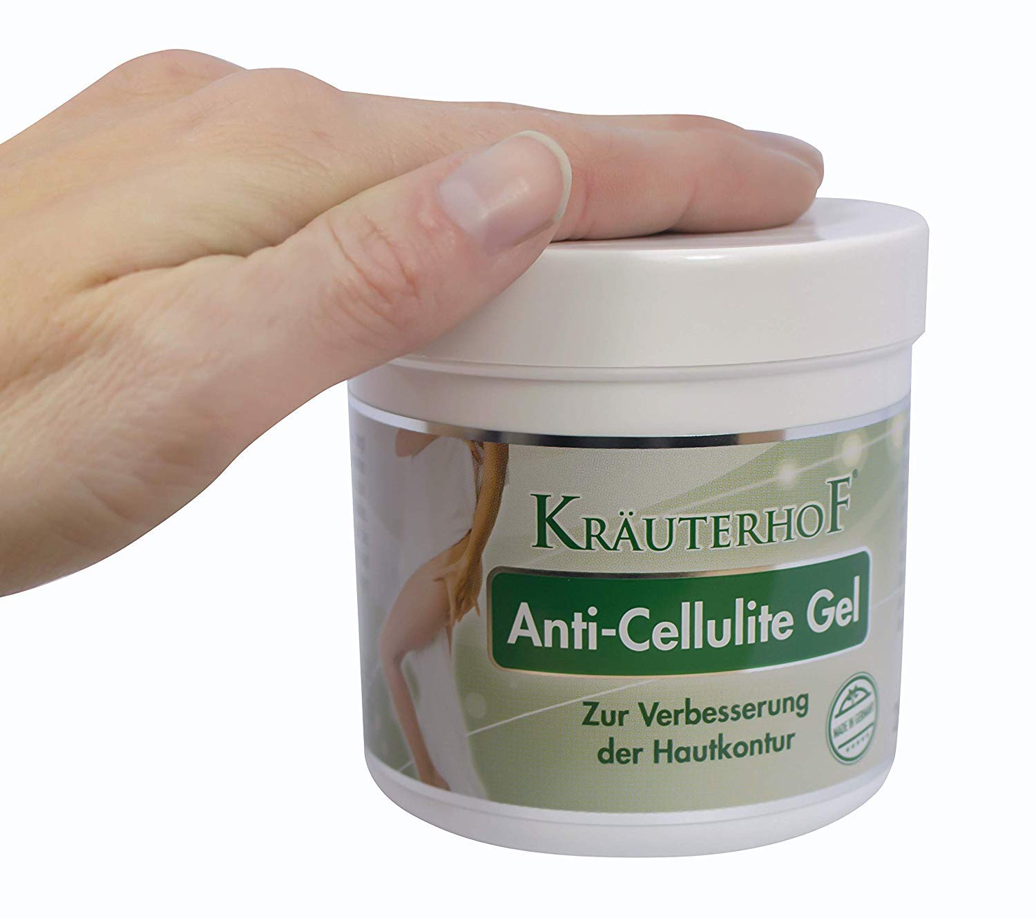 Krauterhof Anti-Cellulite Gel texture close-up showing smooth, fast-absorbing formula