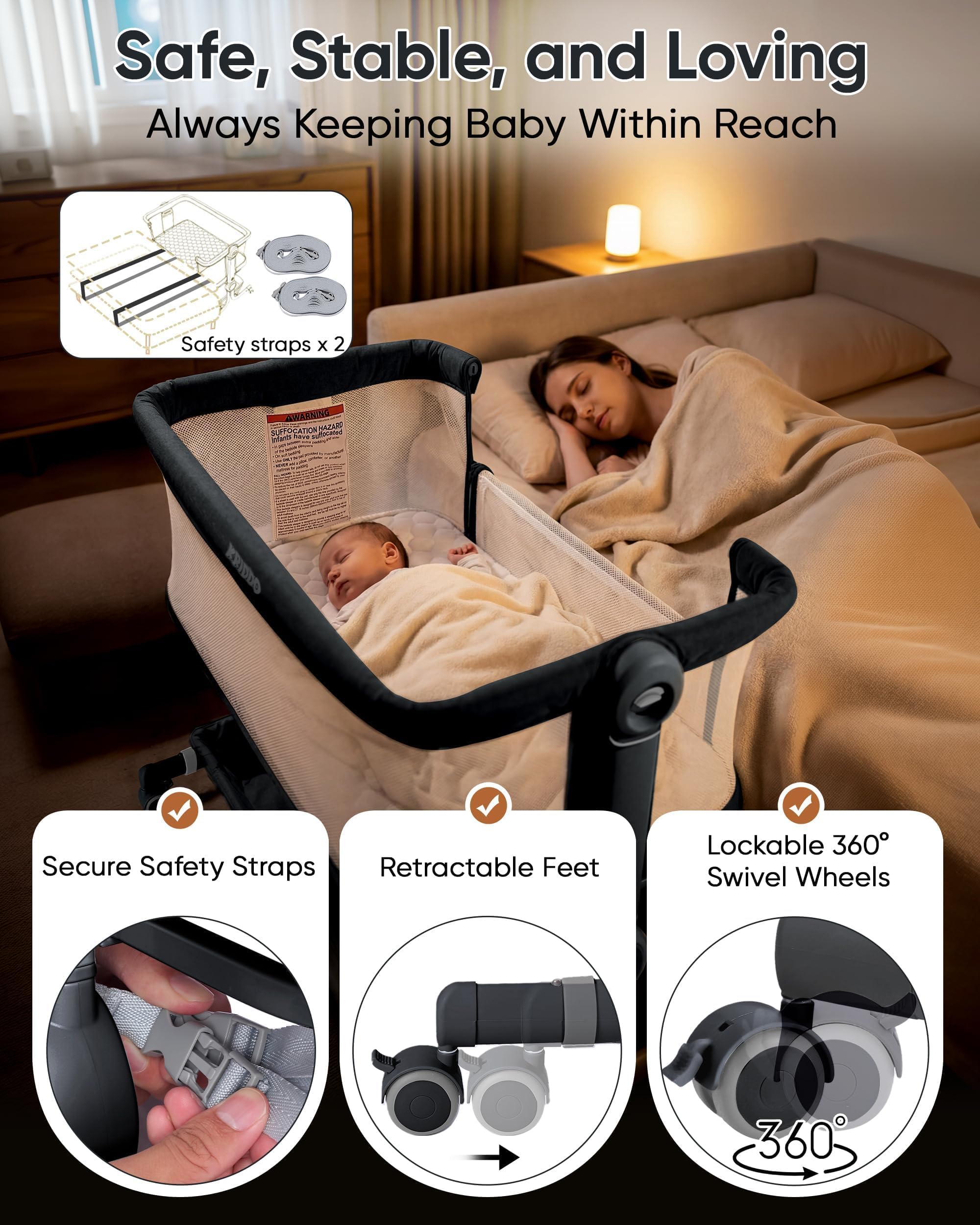 KRIDDO 2-in-1 baby bassinet detachable arched toy bar for engagement