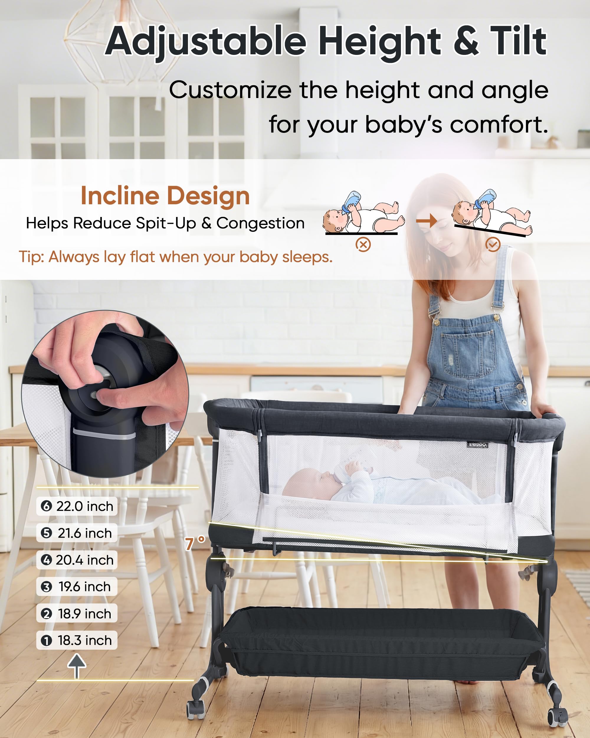 KRIDDO 2-in-1 baby bassinet shows six-height levels for easy bed alignment
