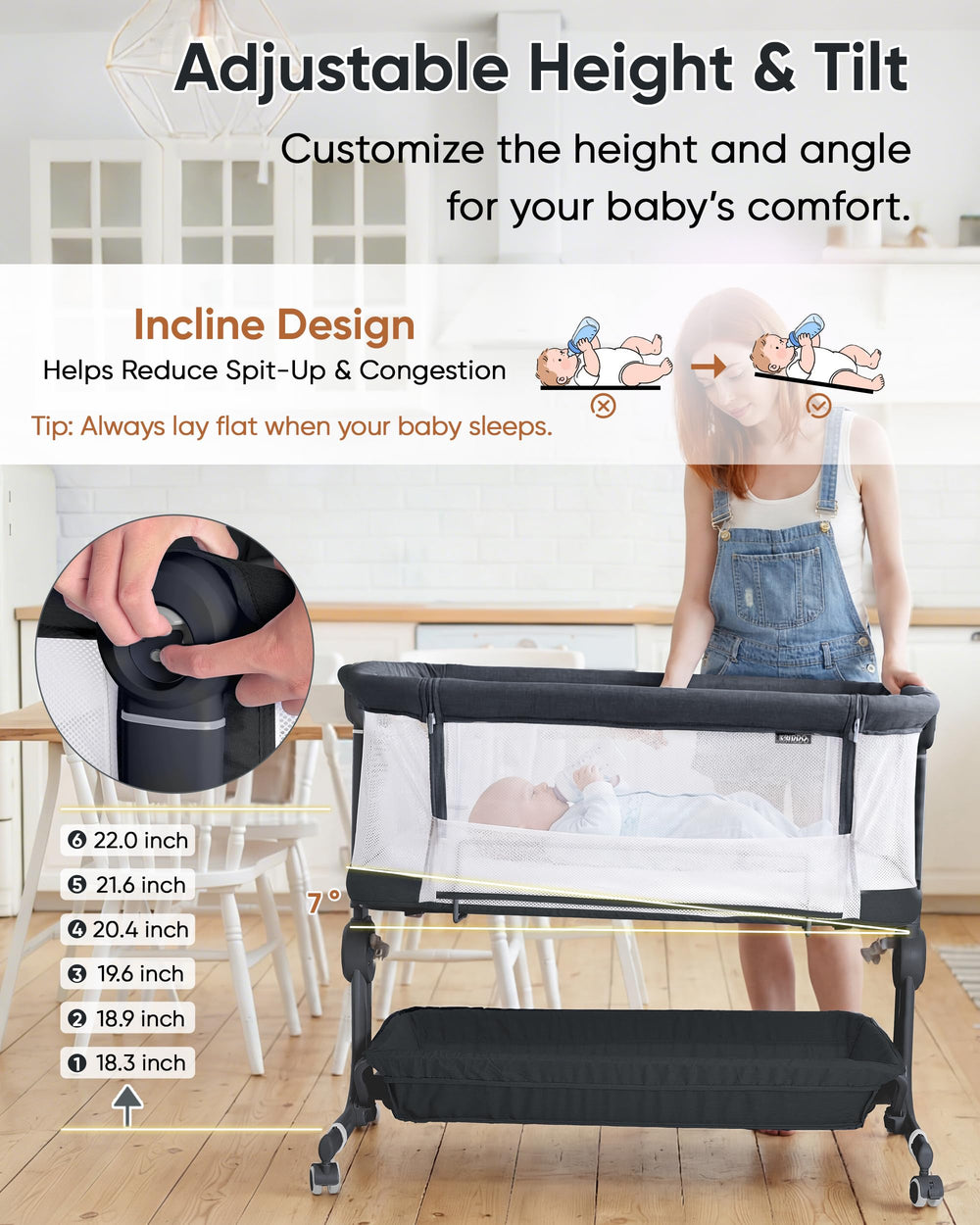 KRIDDO 2-in-1 baby bassinet shows six-height levels for easy bed alignment