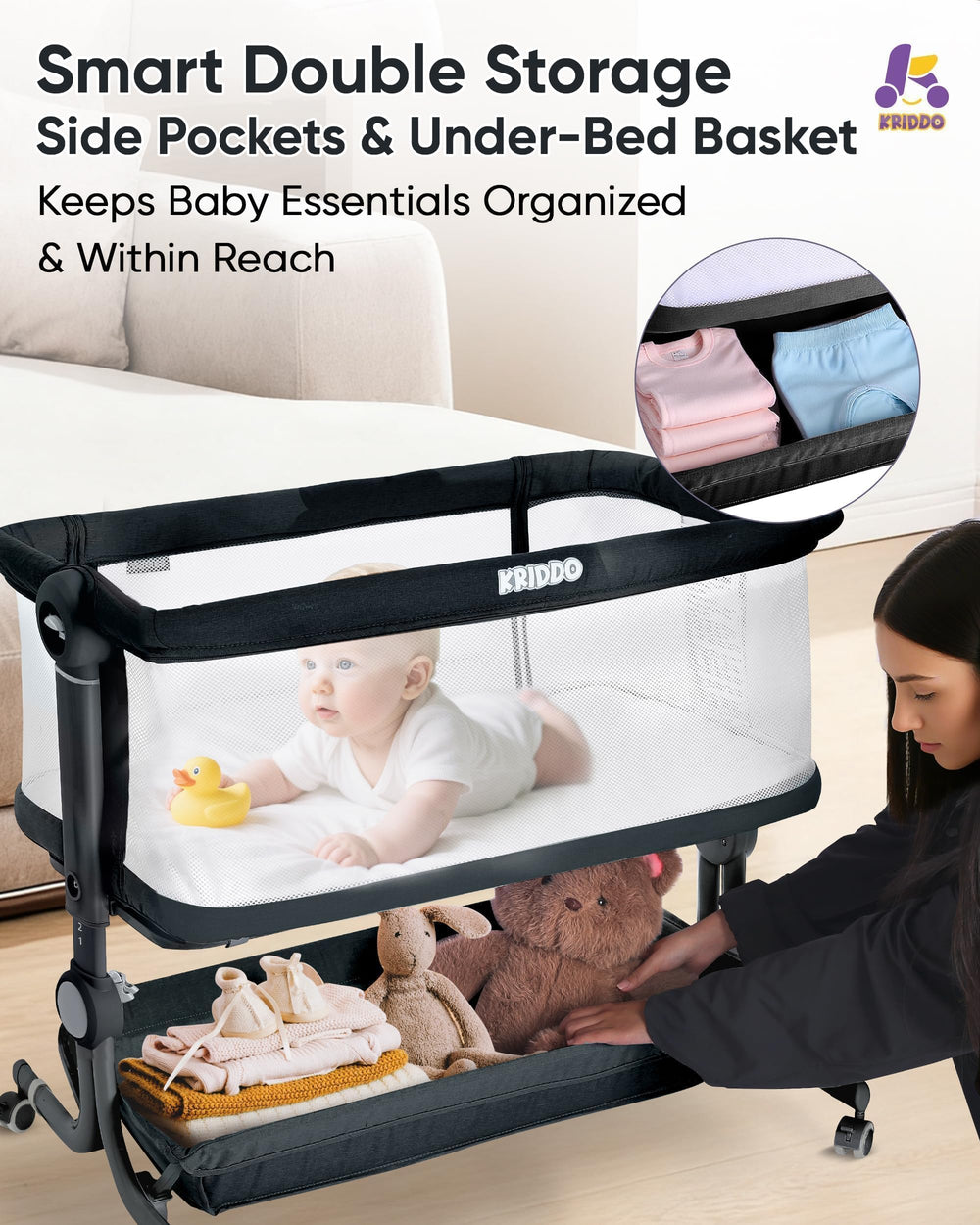 KRIDDO 2-in-1 baby bassinet large under-storage basket