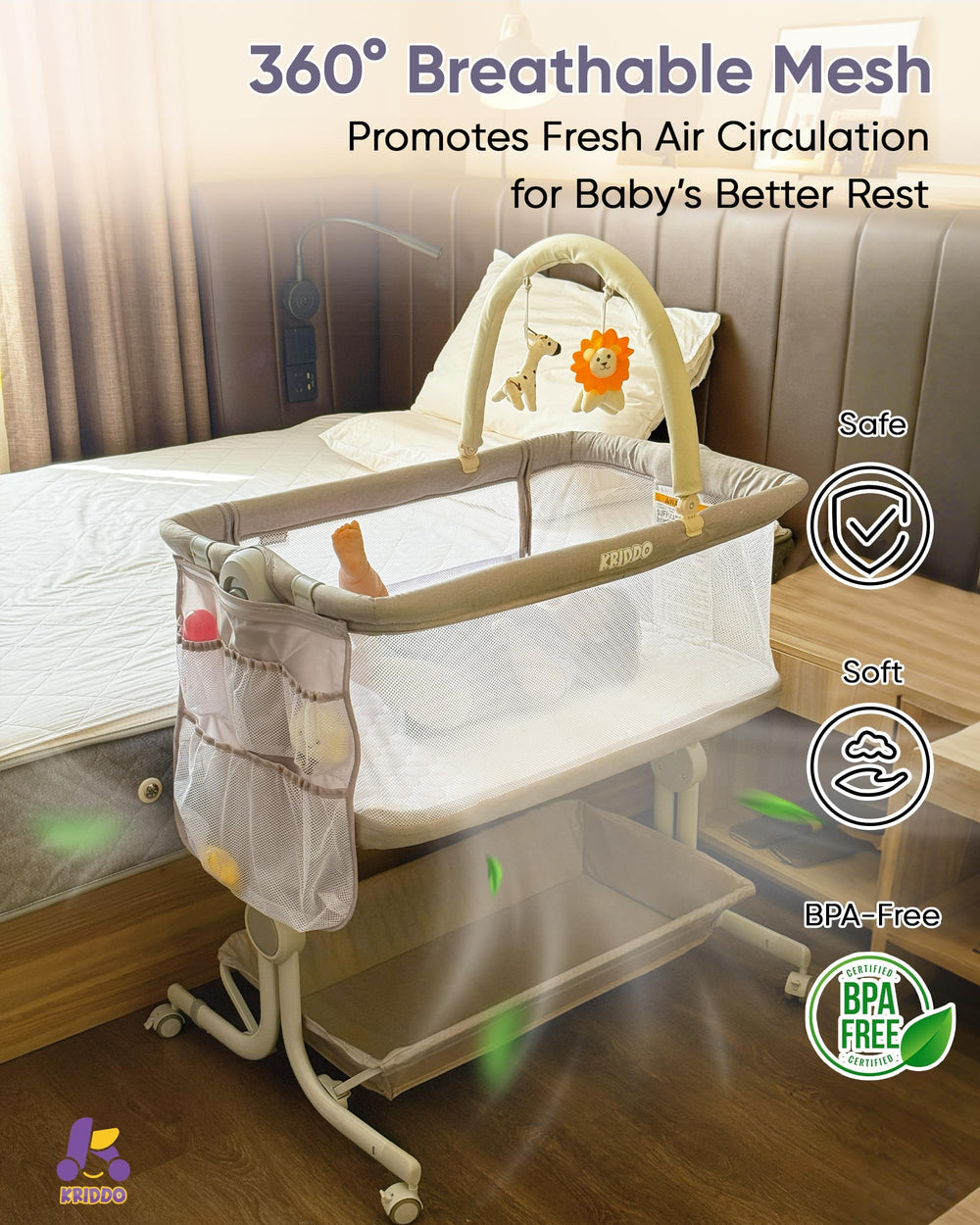 KRIDDO detachable arched toy bar adds safe stimulation during rest.