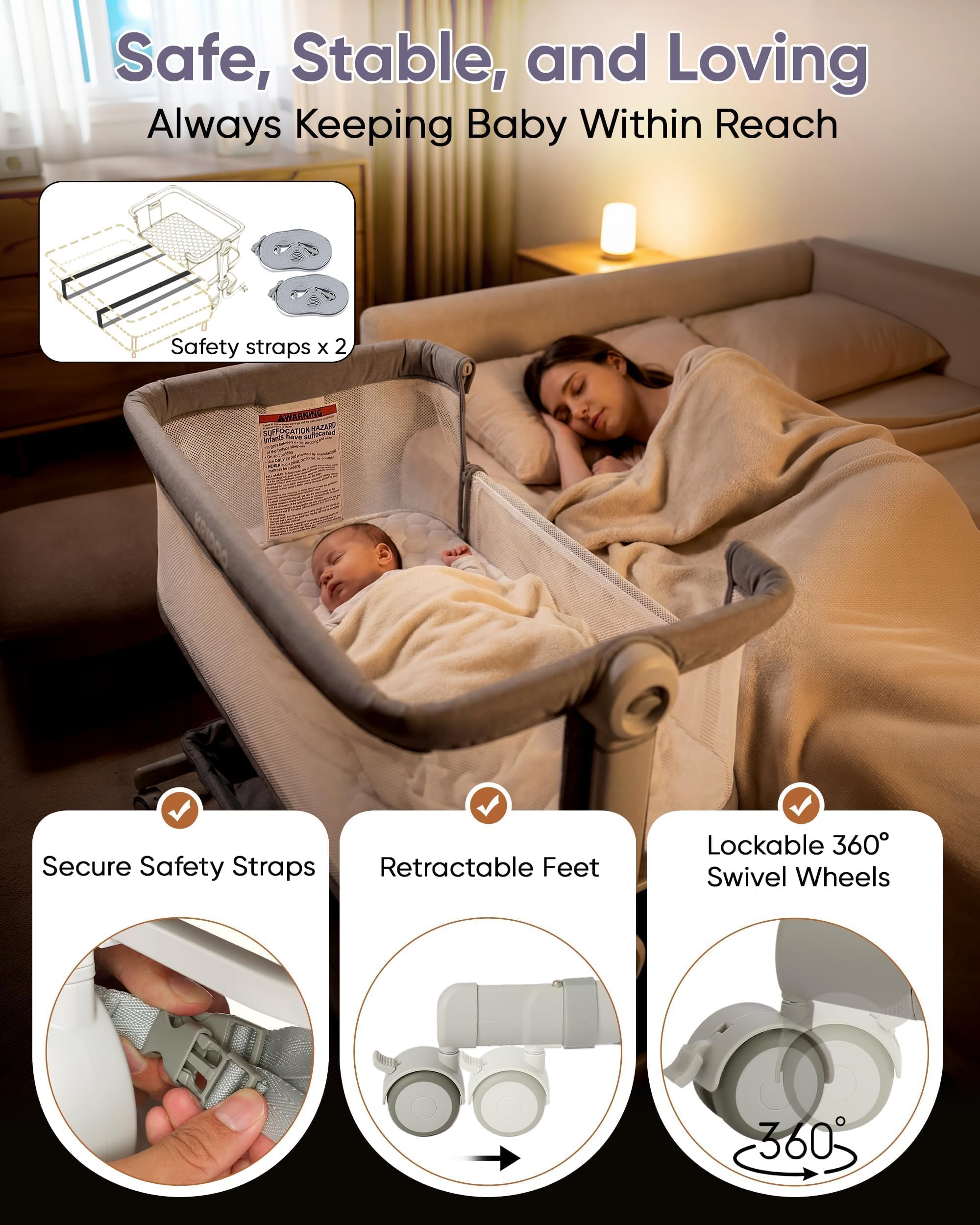 KRIDDO six-level height adjustment enables easy bedside alignment with parents.
