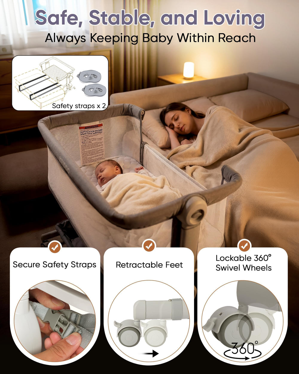 KRIDDO six-level height adjustment enables easy bedside alignment with parents.