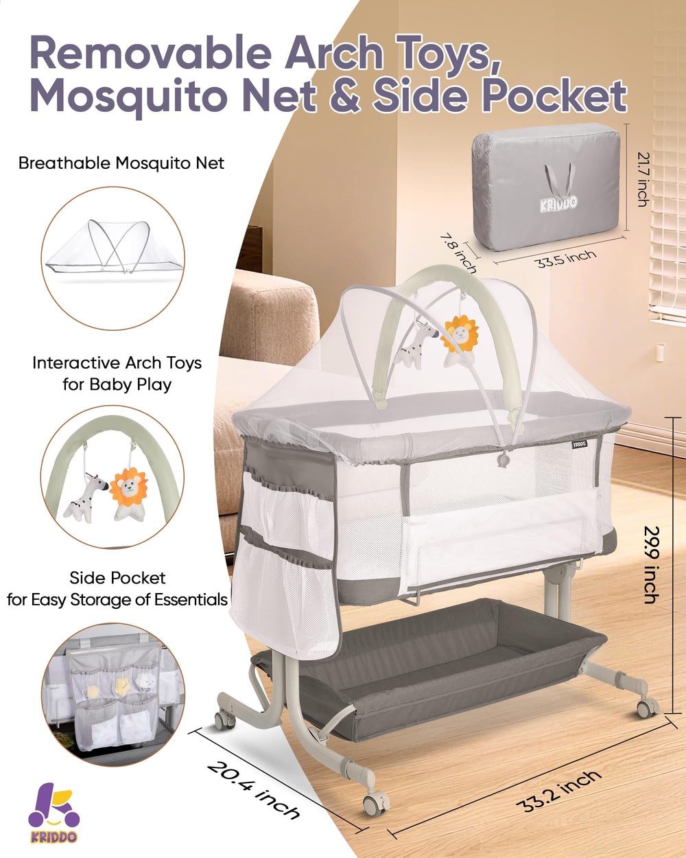 KRIDDO light grey bassinet with detachable mosquito net for on-the-go protection.