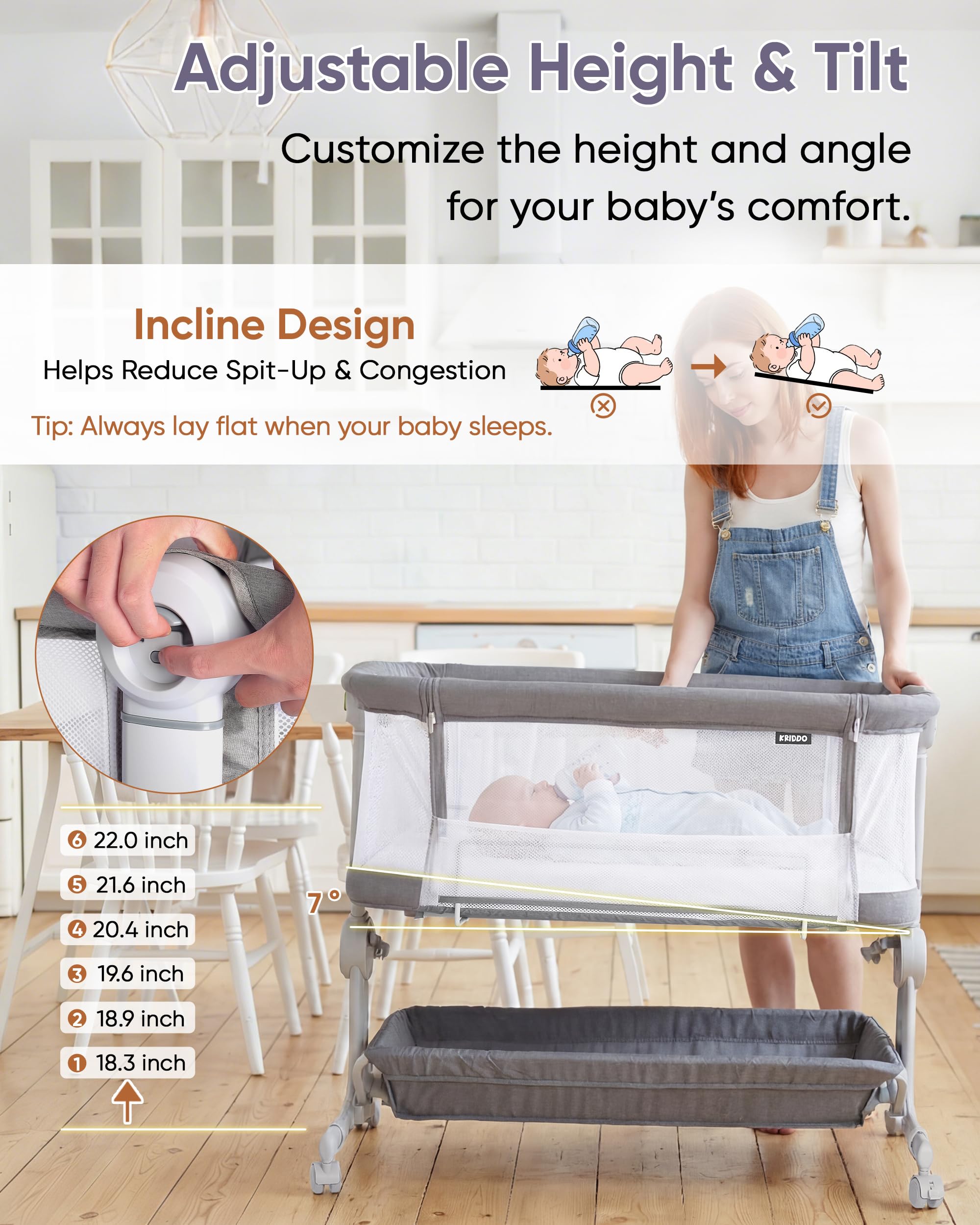 KRIDDO lockable wheels keep the bassinet steady beside the bed.