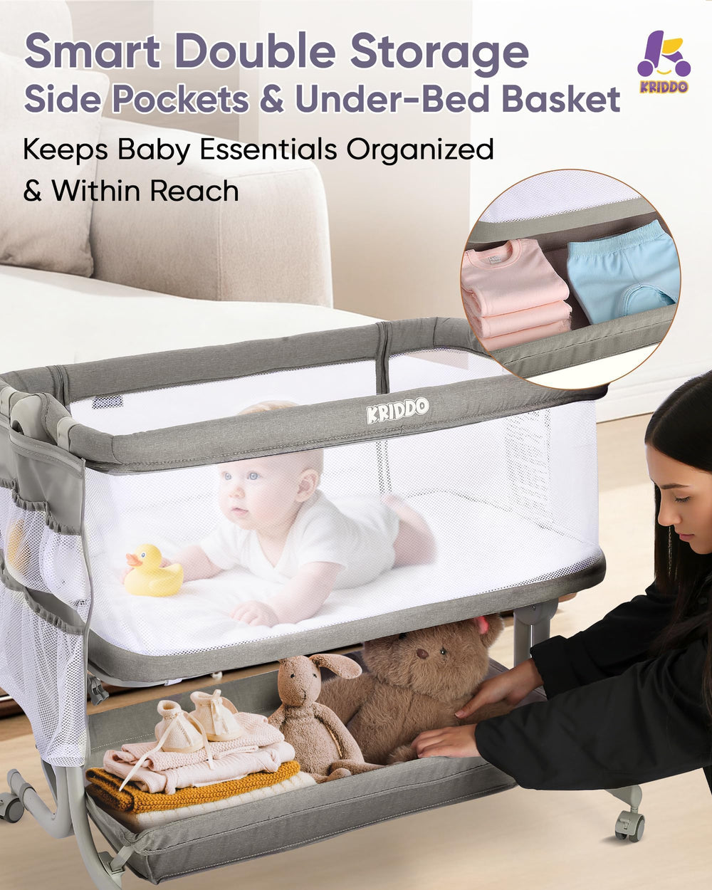 KRIDDO large under-bassinet storage basket holds essentials within reach.