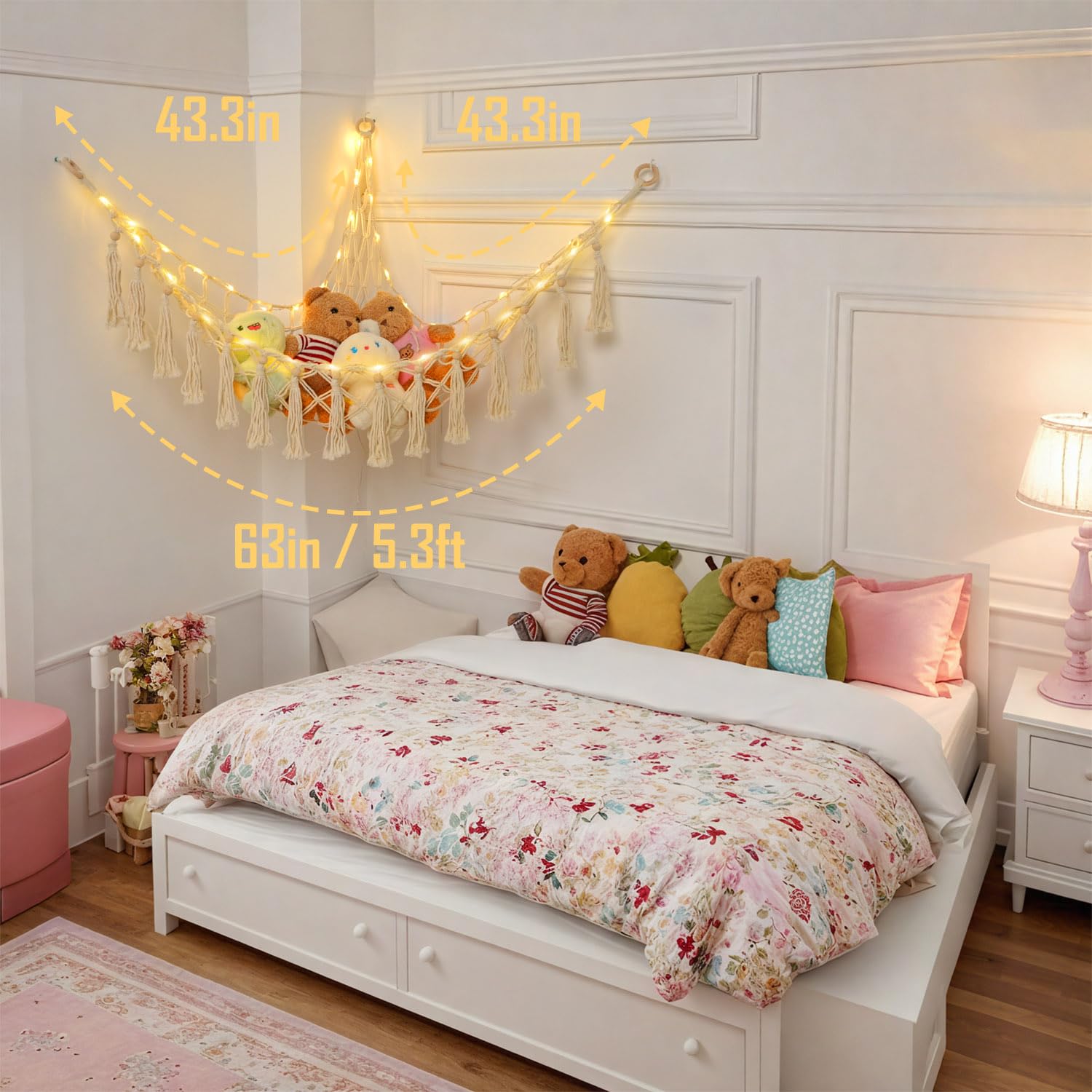 Krislait beige toy storage net blends with nursery decor.
