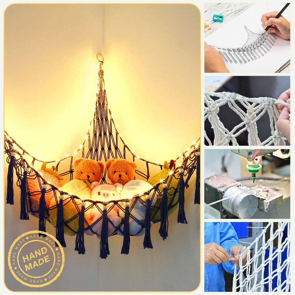 Krislait corner-storage-hammock saves floor space in a kids' room.