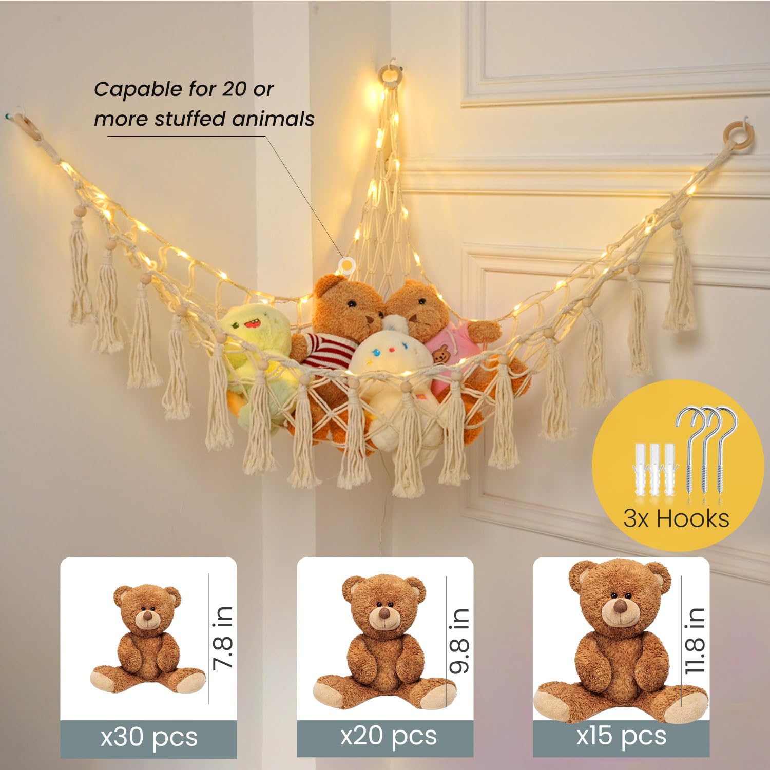 Krislait space-saving corner organizer keeps plush toys neatly organized.