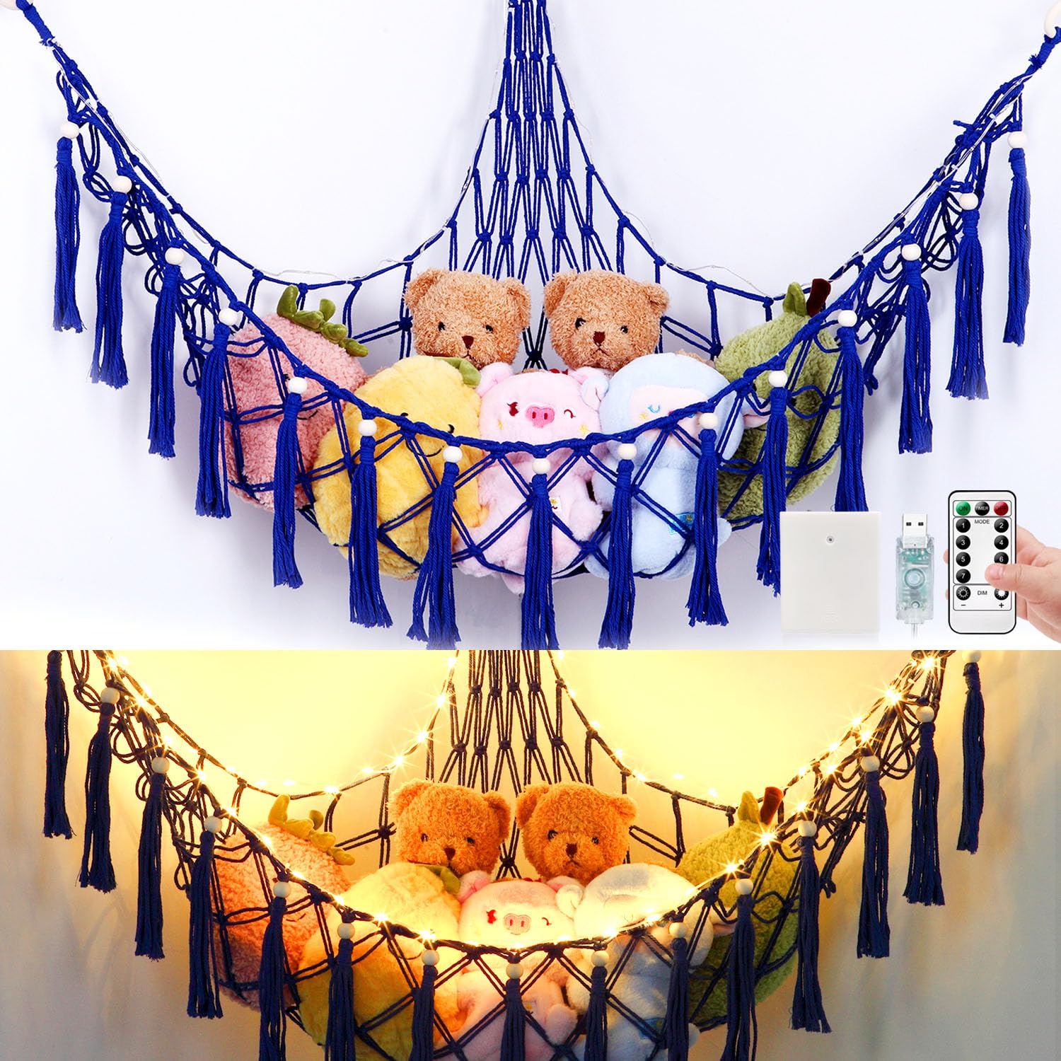 Krislait stuffed animal hammock 55in neatly stores plush toys in a cozy corner.