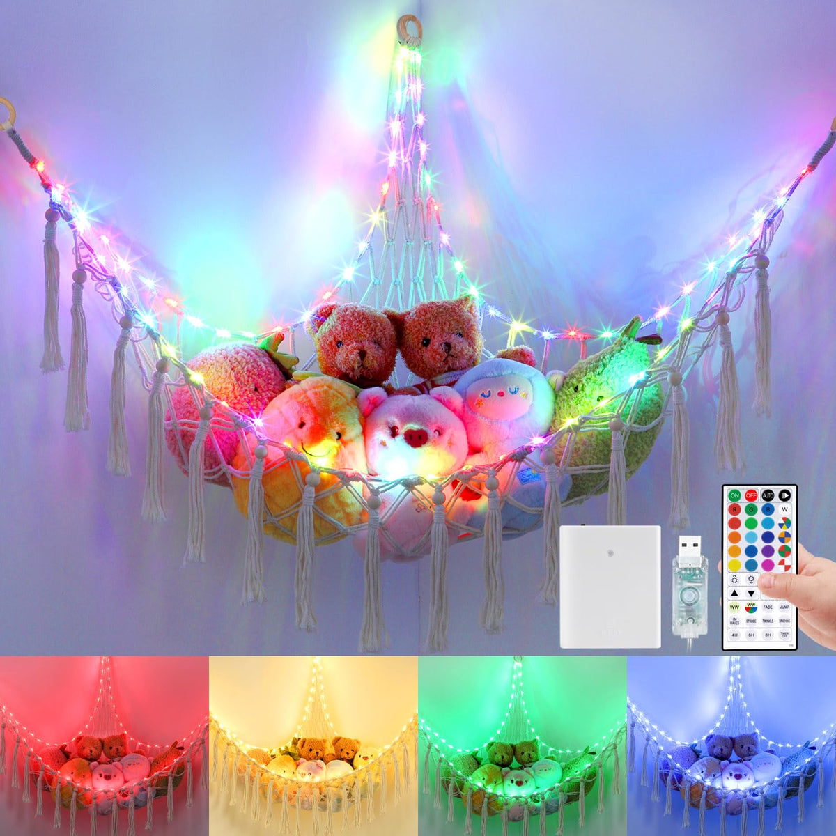 Krislait stuffed animal hammock with 75 LEDs and remote for cozy playtime lighting