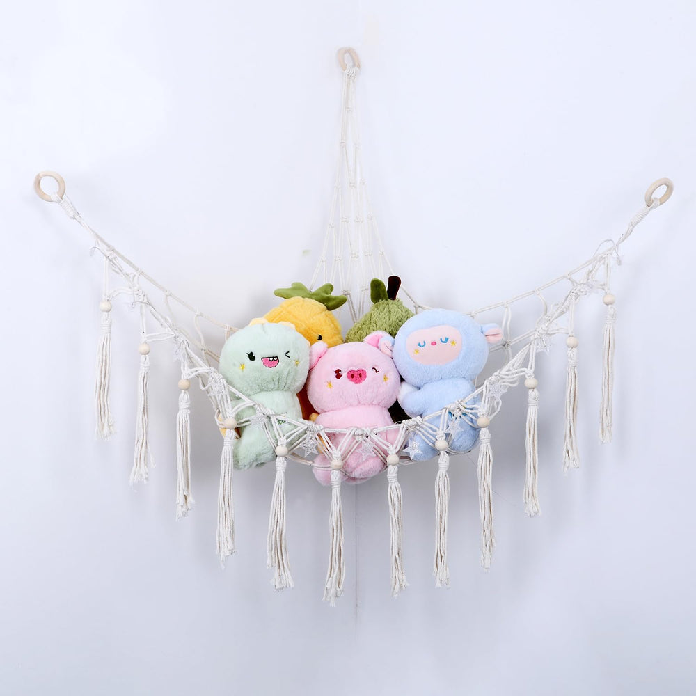 Krislait toy storage net with plush toys organized