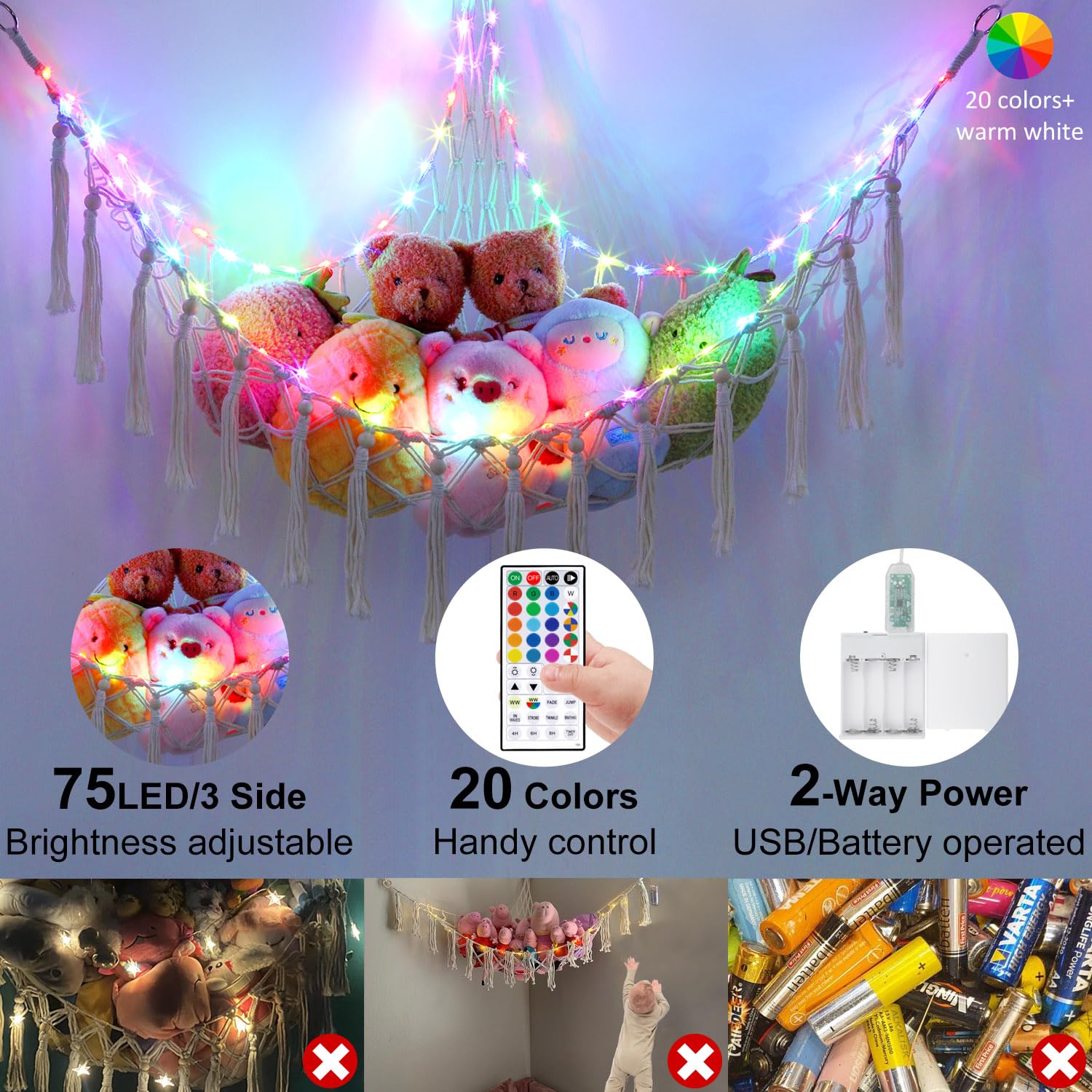 Krislait USB-powered string lights with color options for the hammock