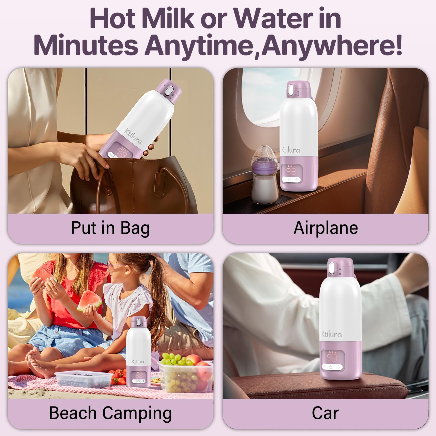 Ktilura bottle warmer in a travel setup fits backpacks and car cup holders.