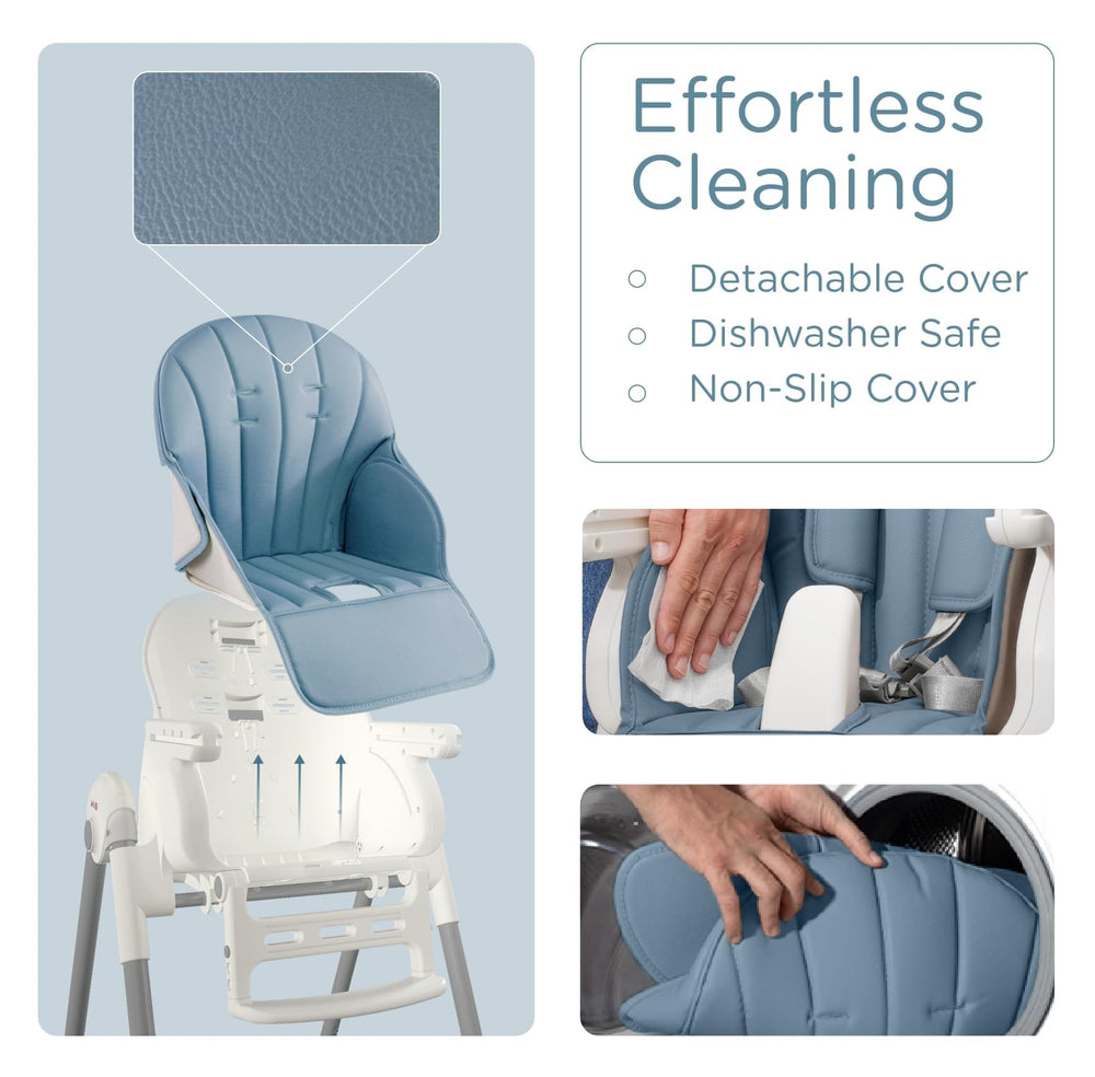 Kub foldable blue high chair saves space with compact storage
