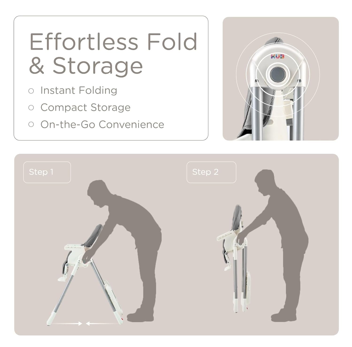 KUB high chair includes two locking wheels for easy repositioning.