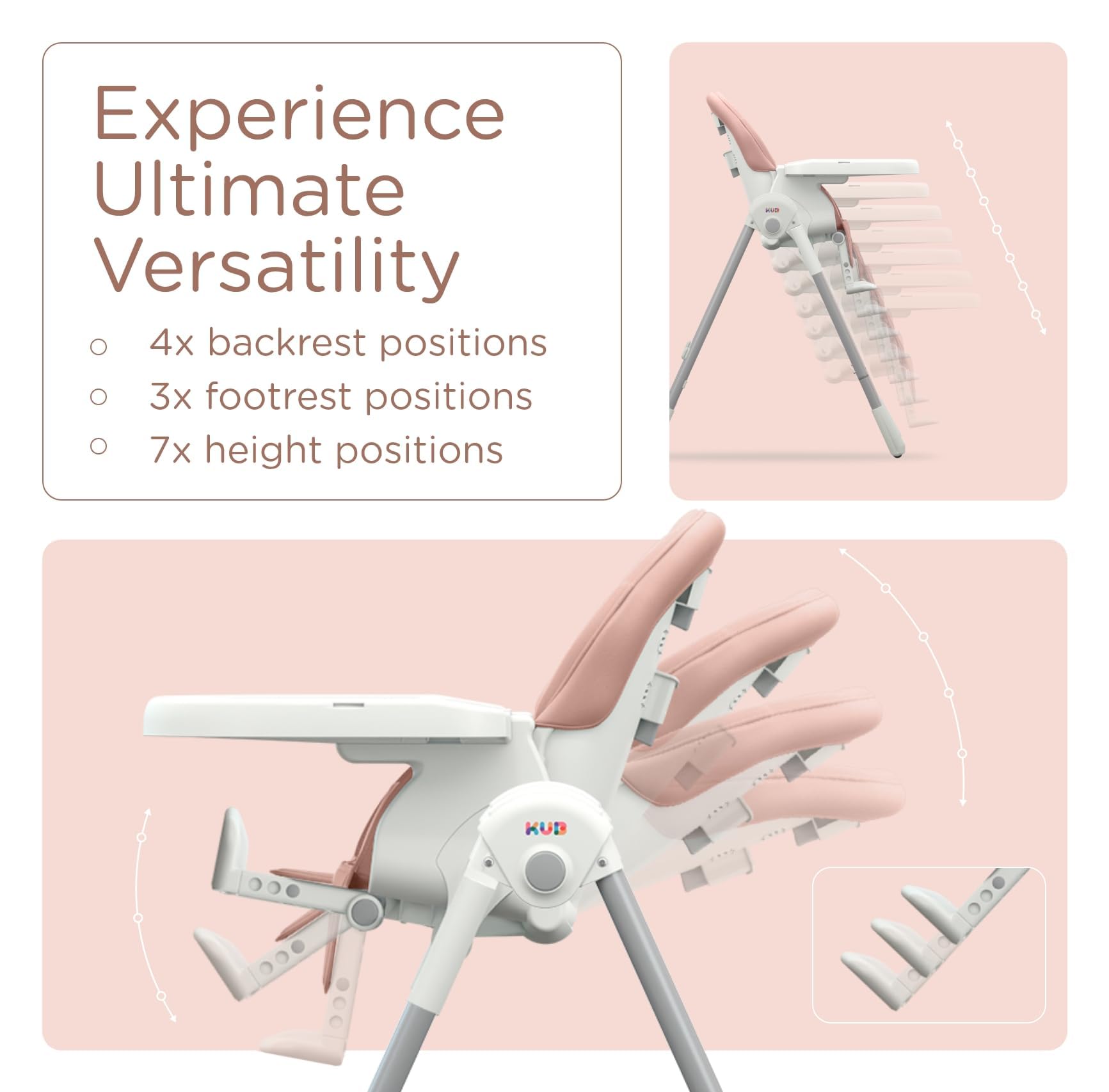 KUB 3-in-1 high chair with removable tray for easy cleaning.
