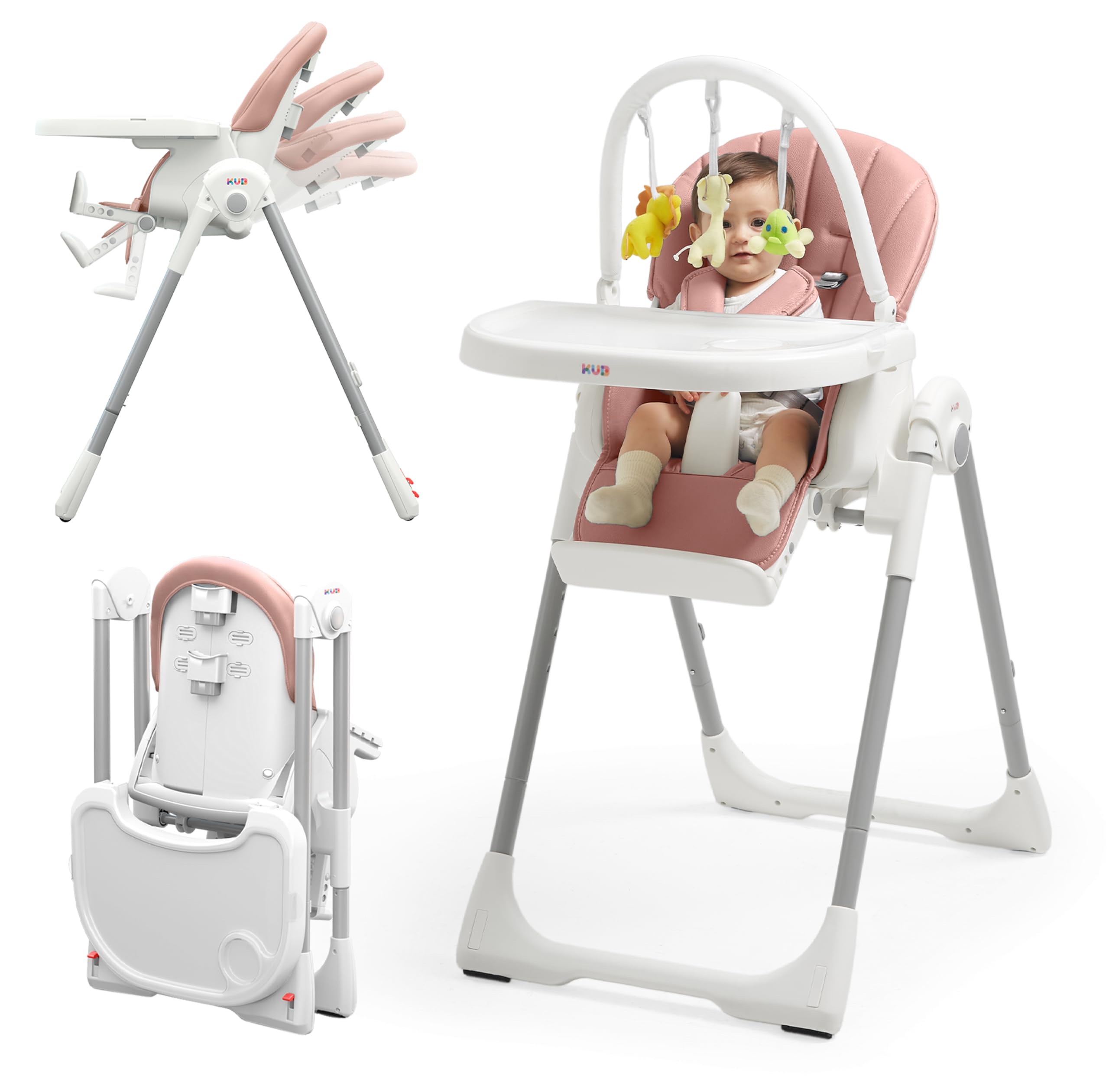 KÜB 3-in-1 foldable high chair pink with tray for easy cleaning and storage