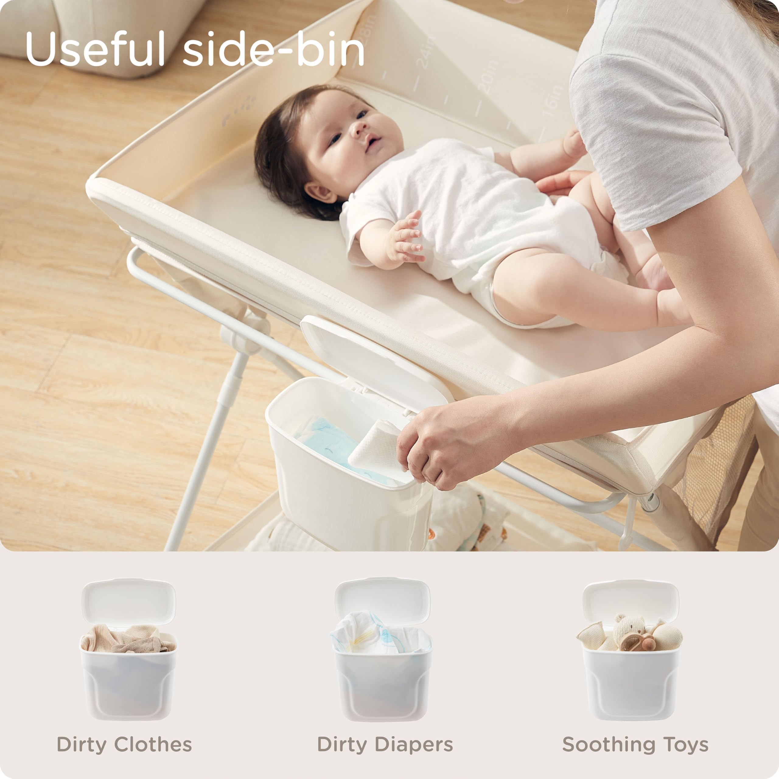 KUB portable changing table in use, wheels roll smoothly between rooms.