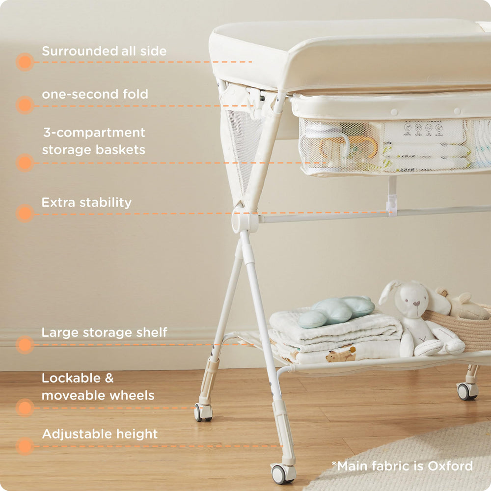 KUB changing table with storage shelves keeps diapers within arm's reach.