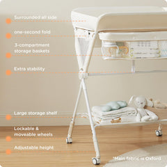 KUB changing table with storage shelves keeps diapers within arm's reach.
