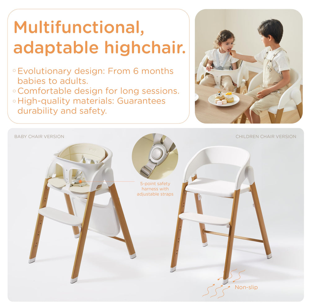 KUB high chair with 5-point harness ensures secure seating during meals.