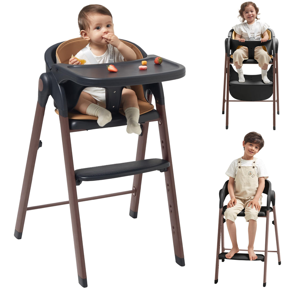 KUB high chair front view with wood-printed metal showing sturdy frame