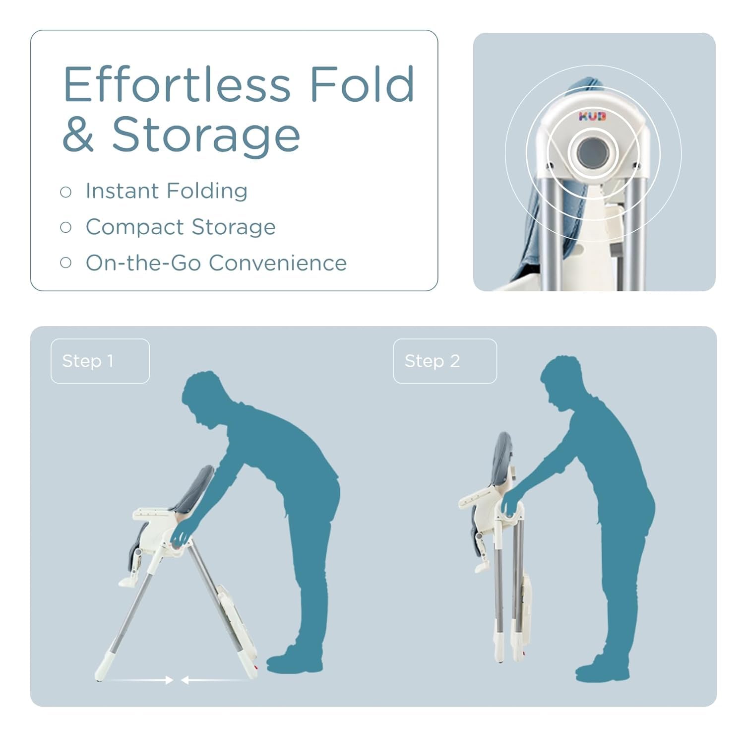 KUB high chair showing height, recline, and tray adjustment for growth