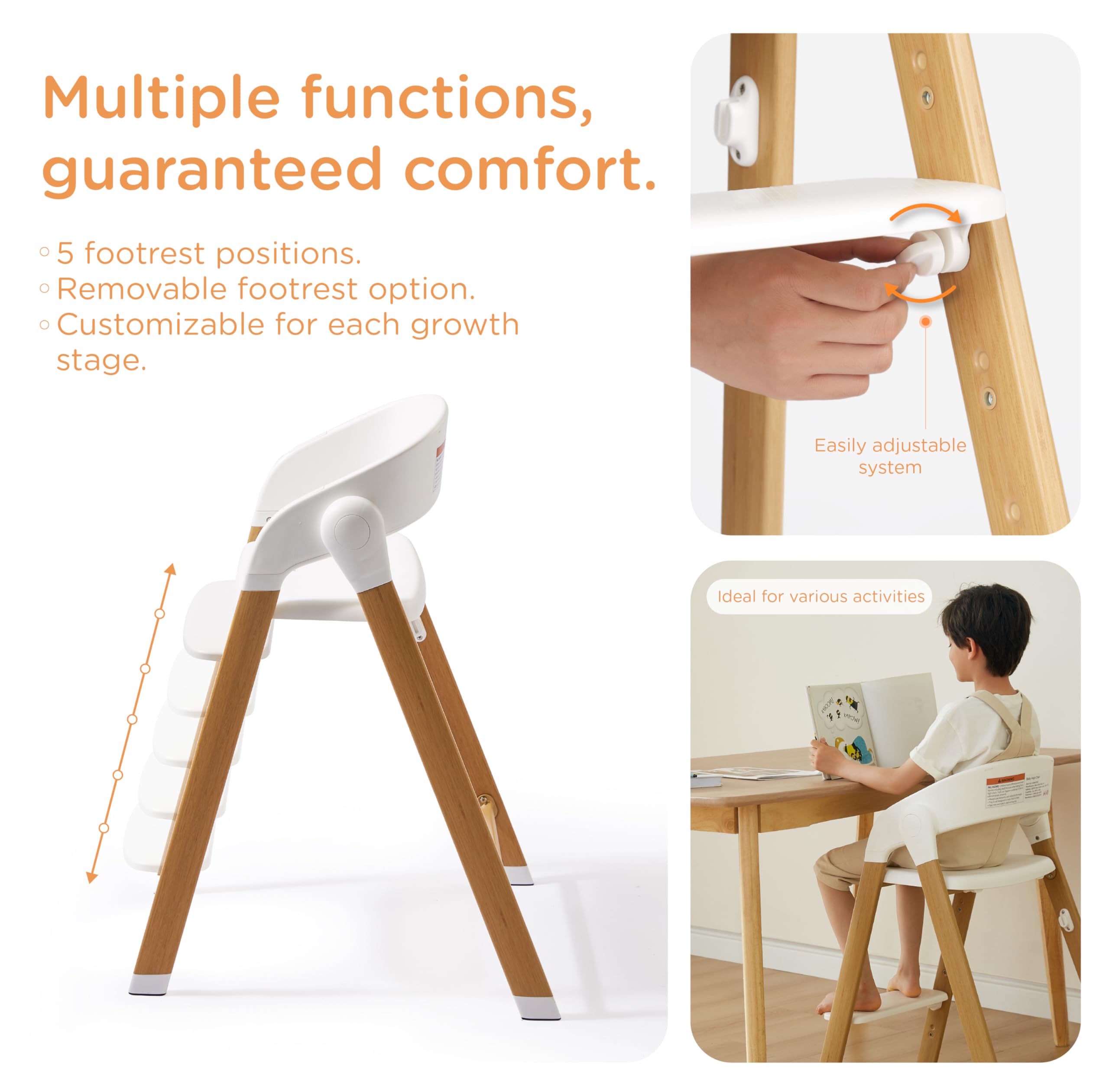 KUB high chair metal-frame with wood-look finish blends durability and style.