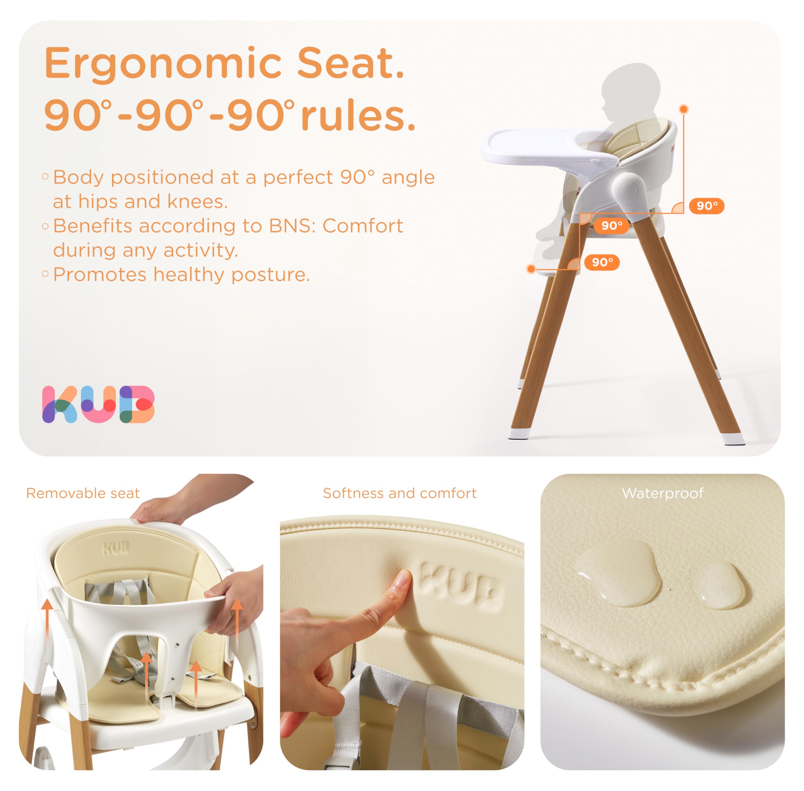 KUB high chair removable-tray enables easy feeding and cleanup.