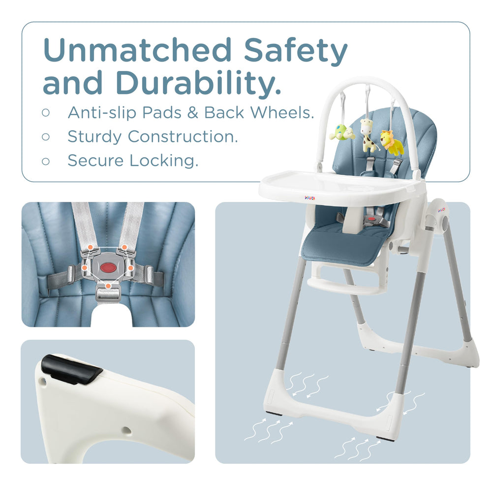 KUB high chair blue with two locking wheels for easy movement