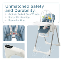 KUB high chair blue with two locking wheels for easy movement