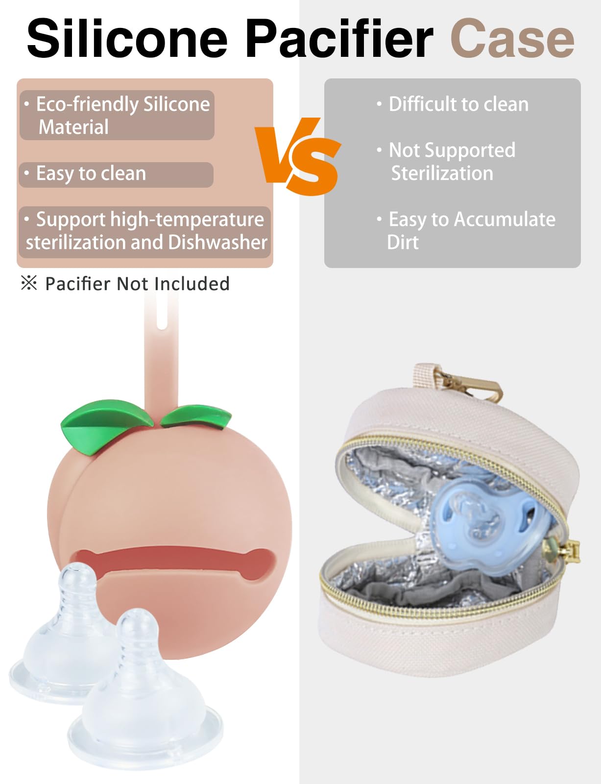 Silicone pacifier case, BPA-free, clips on for fast sterilization and storage