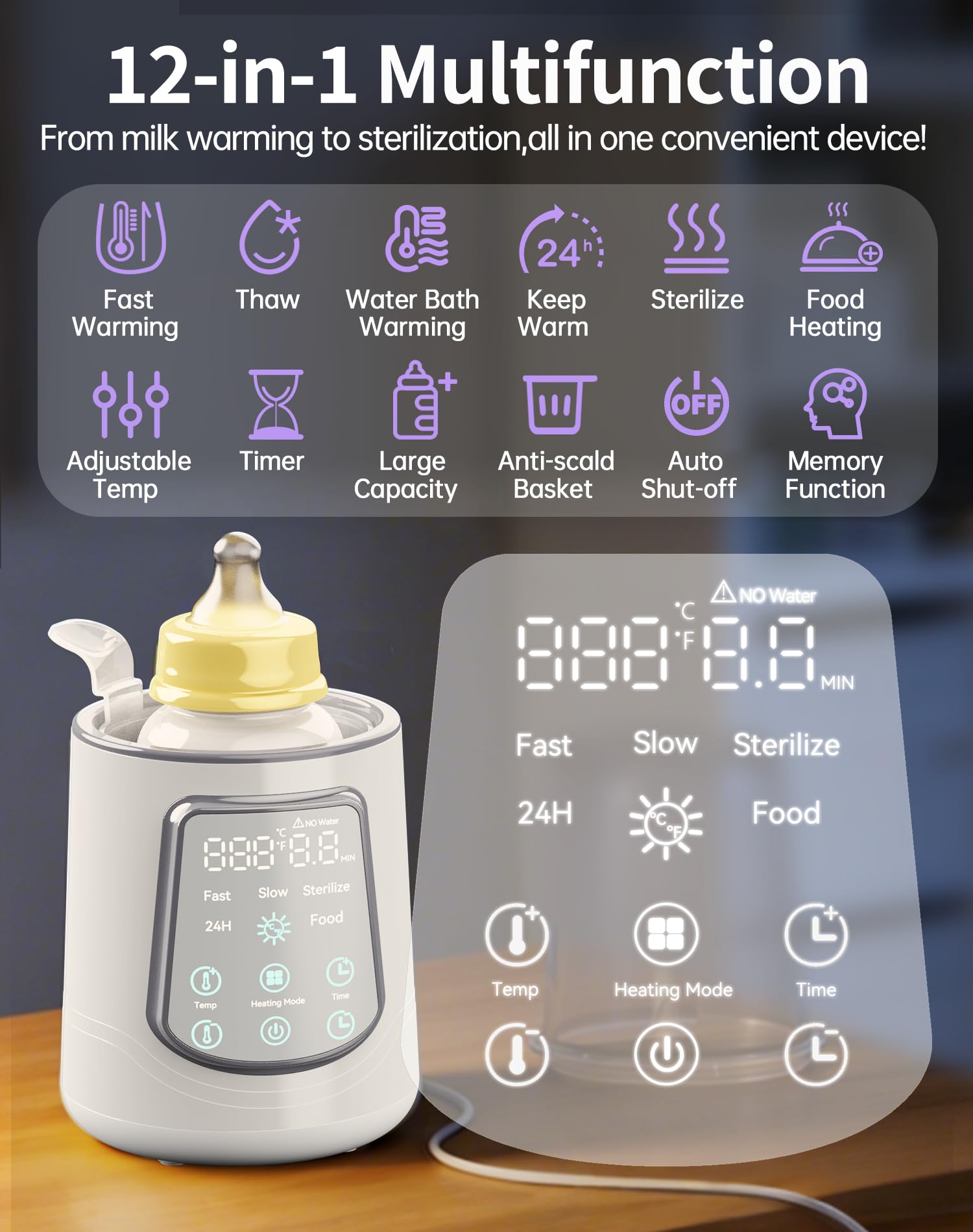 KUMIKIMI bottle warmer digital display shows real-time temperature and timer for easy feeding.