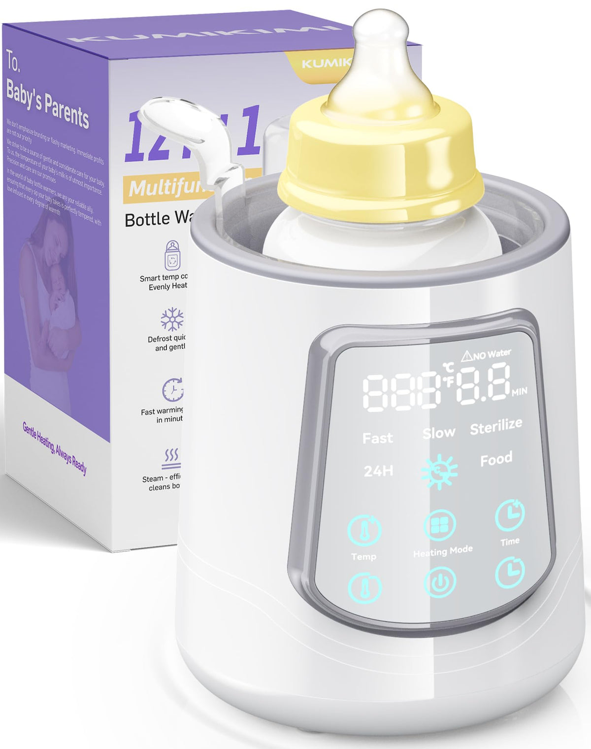 KUMIKIMI fast 12-in-1 bottle warmer front panel with quick control and precise temperature.