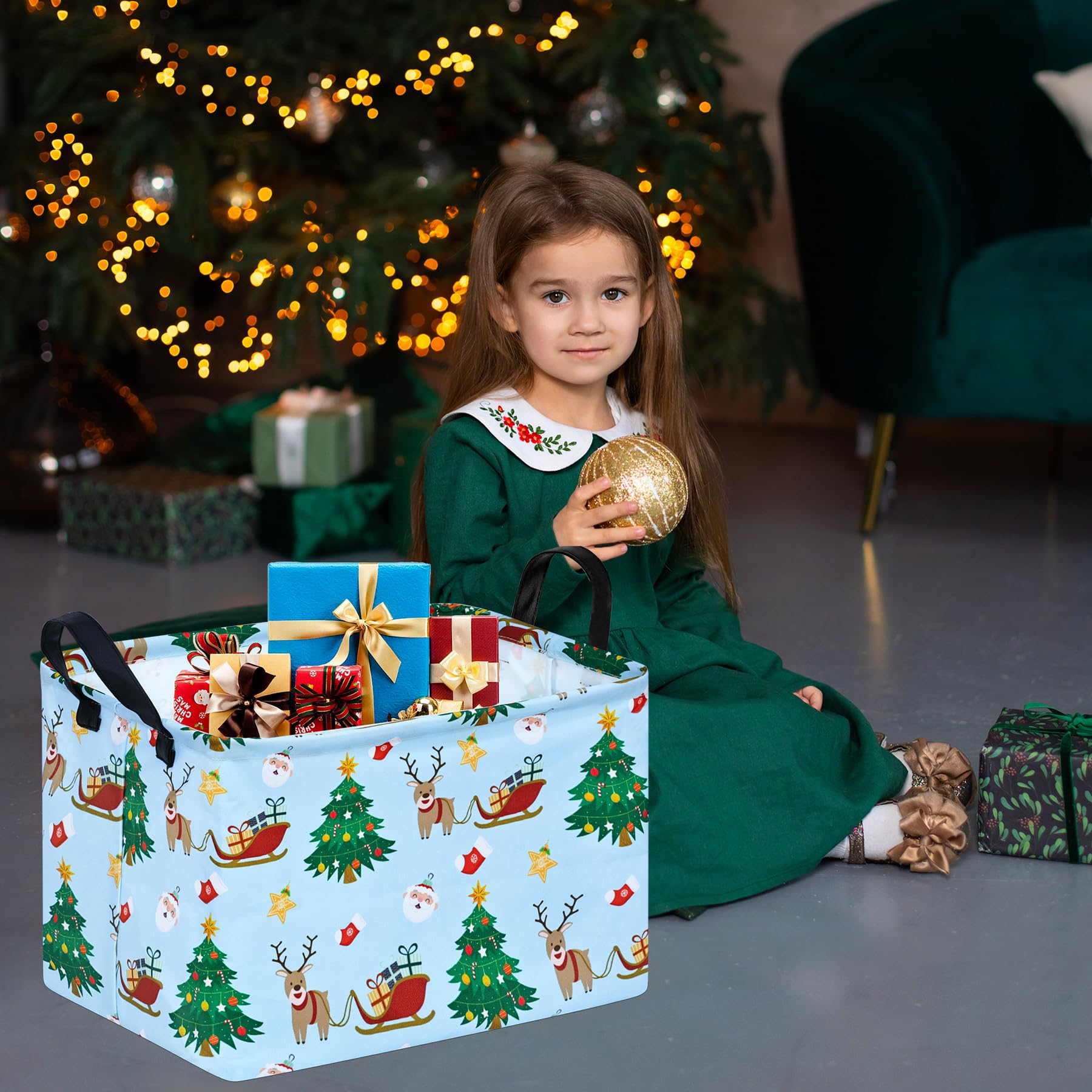 KUNRO Christmas Gift Storage Basket leather handles for easy transport