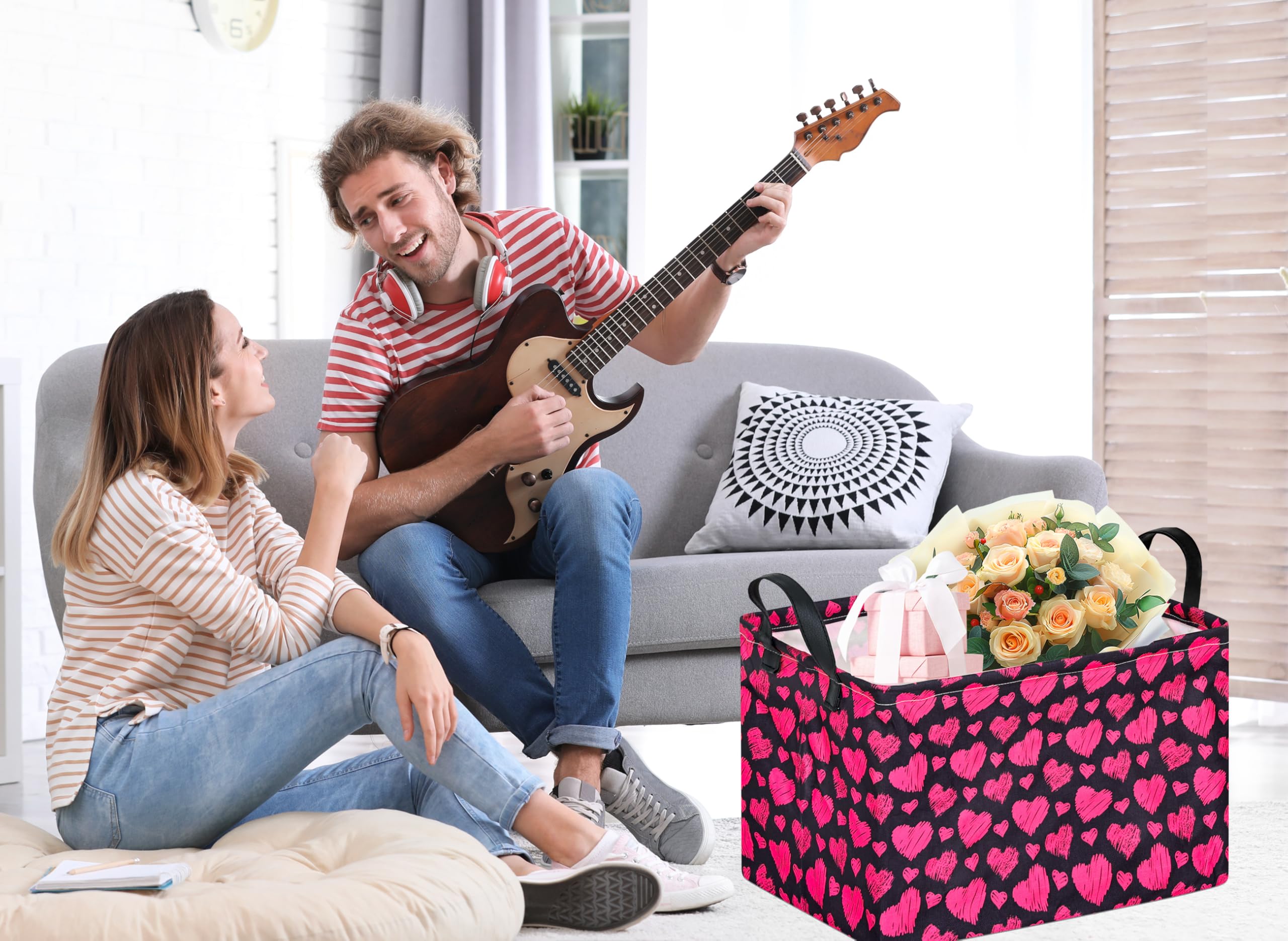 KUNRO Rectang Heart-pattern basket folds flat for space-saving storage