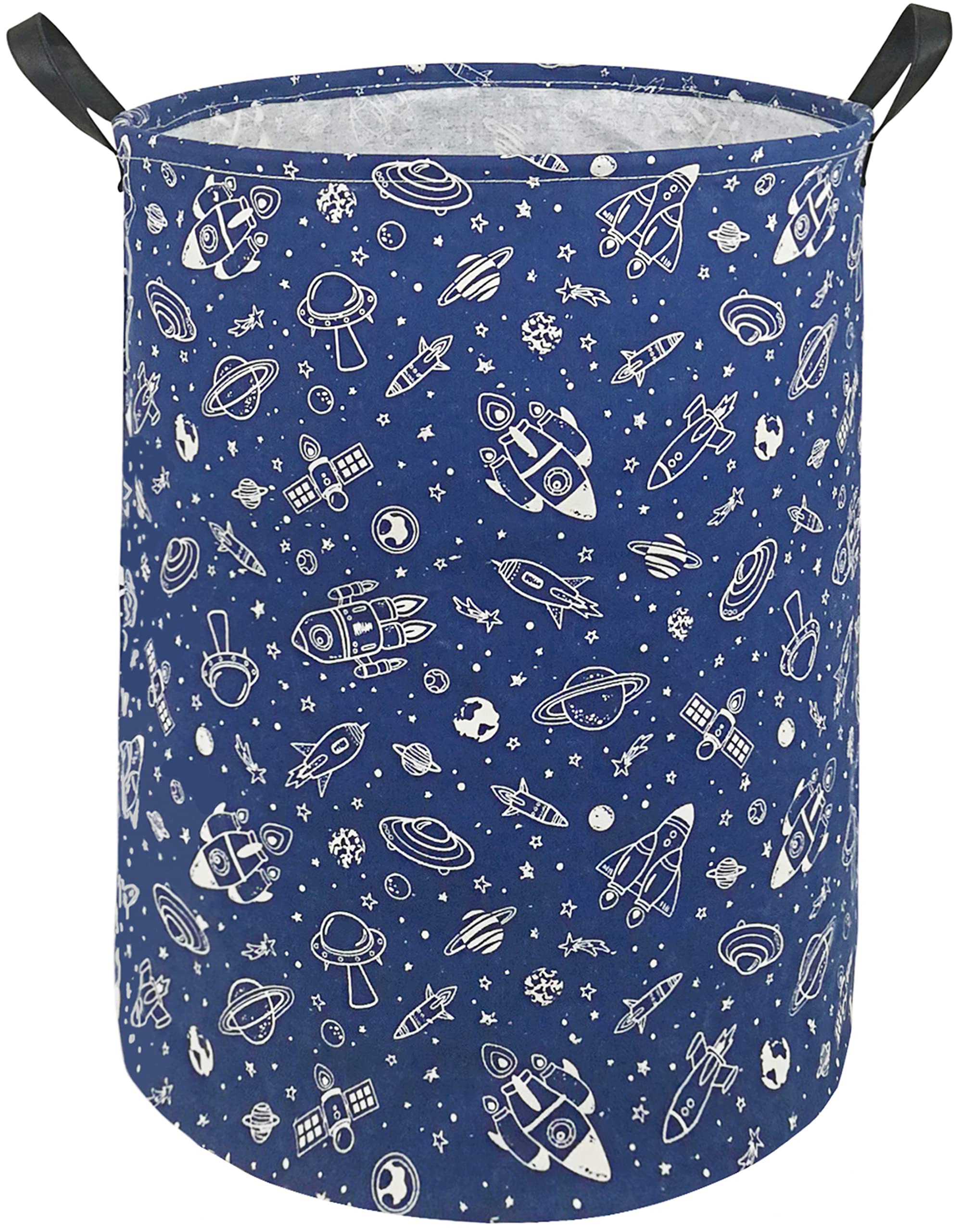 KUNRO round laundry gift basket navy spaceship front view with sturdy handles for easy transport