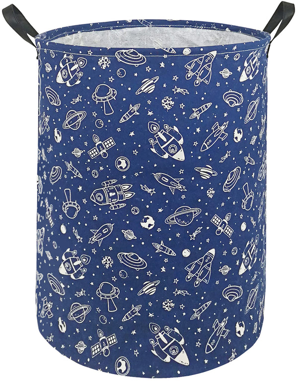 KUNRO round laundry gift basket navy spaceship front view with sturdy handles for easy transport