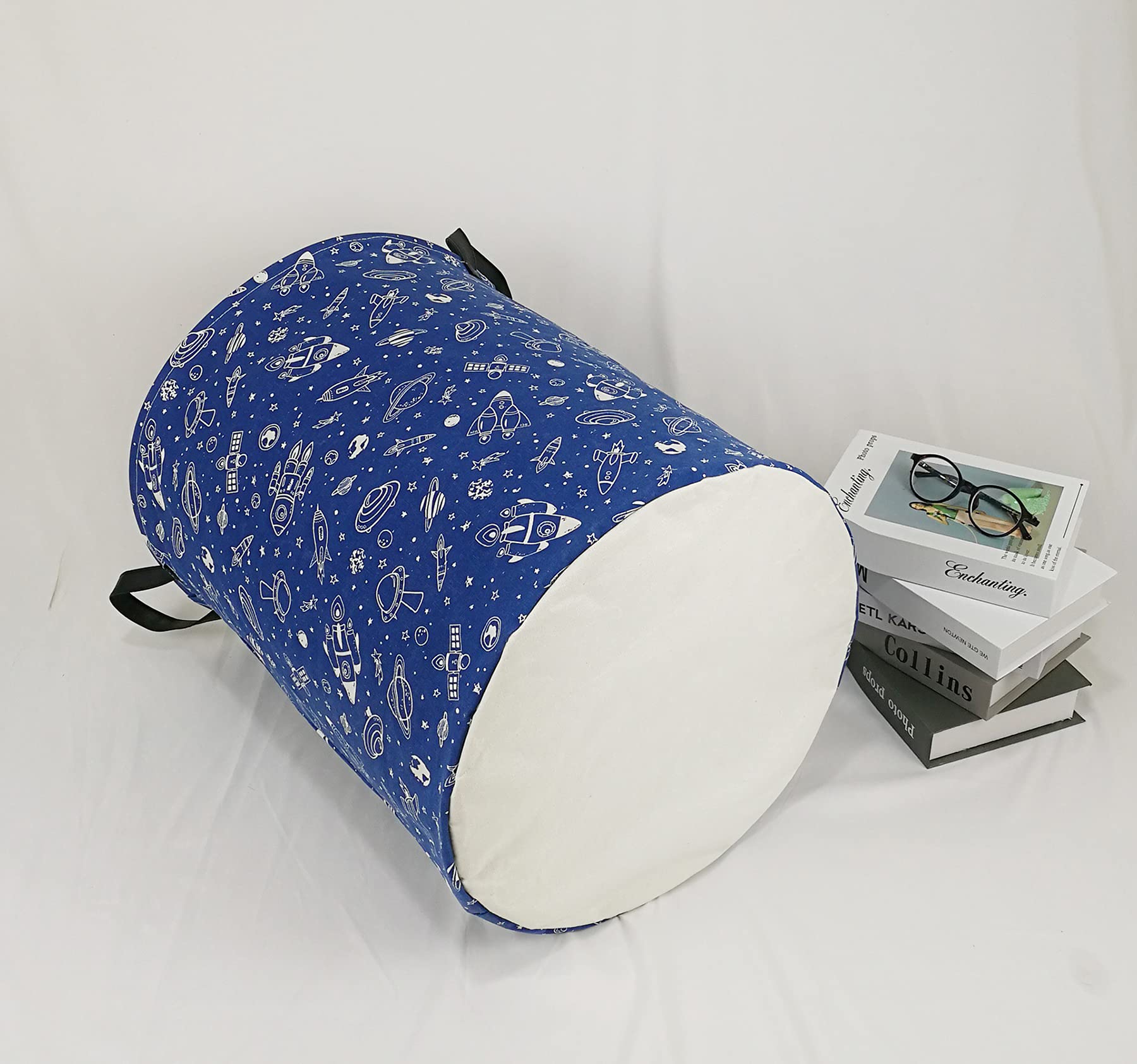 KUNRO round laundry gift basket navy spaceship full setup showing large capacity for clothes