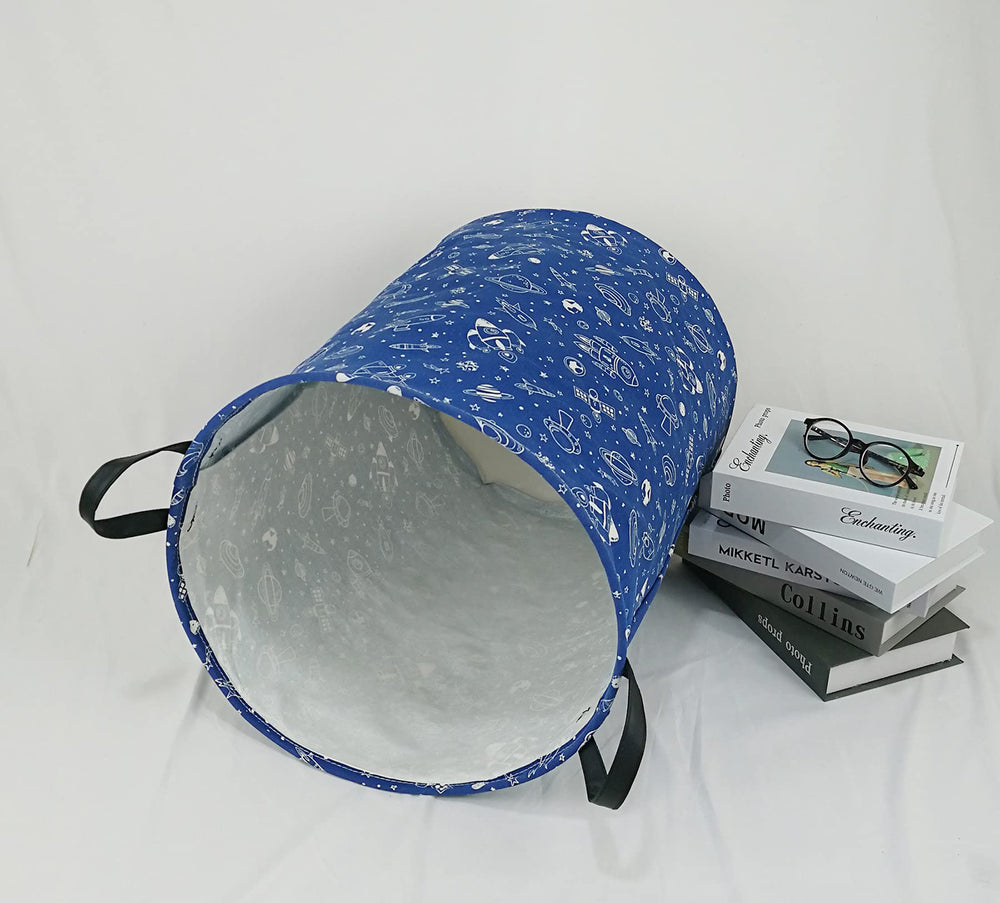 KUNRO round laundry gift basket navy spaceship close up of handles and stitching detail