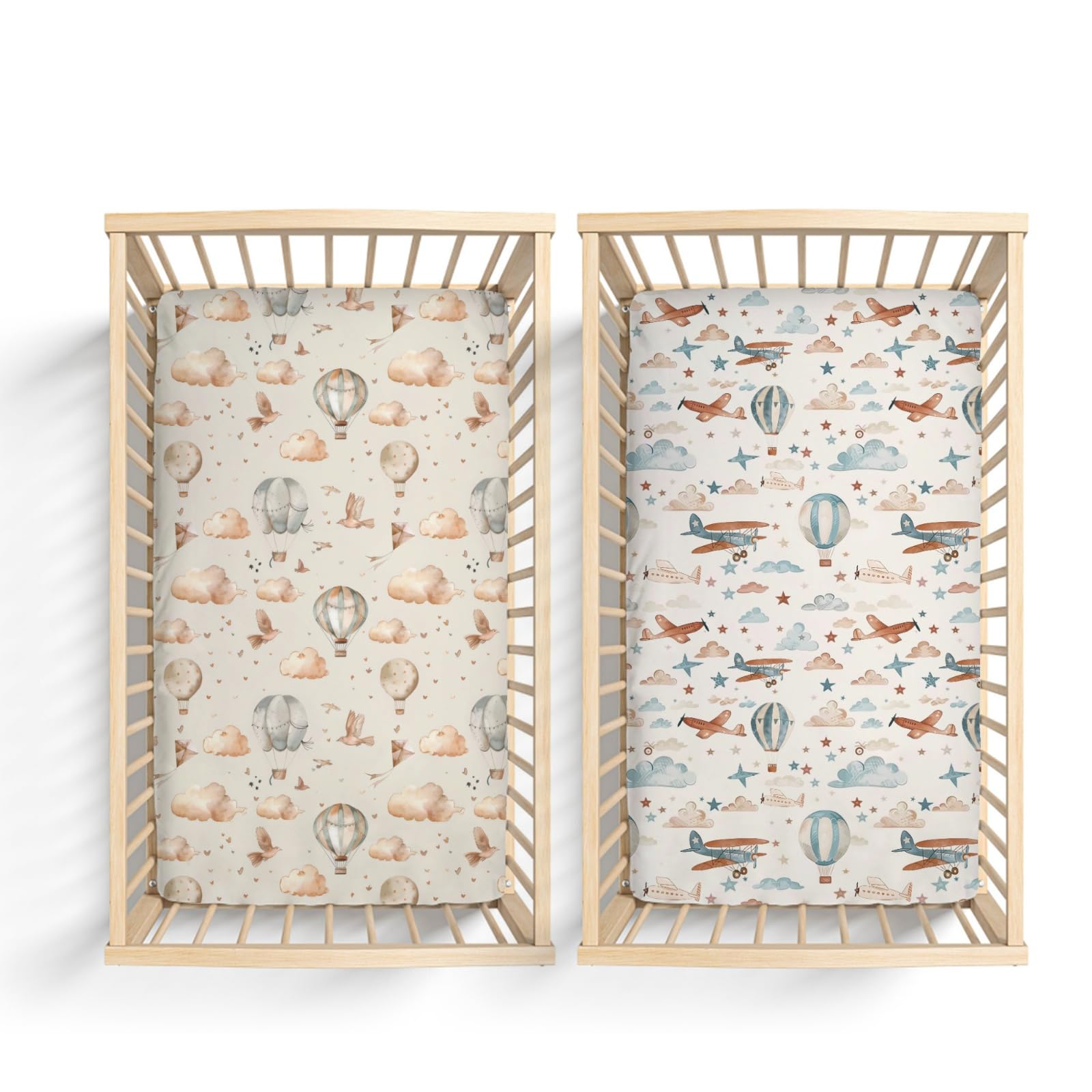 KuphiL10C hot air balloon plane pattern crib sheet close-up offers gentle comfort for baby sleep.