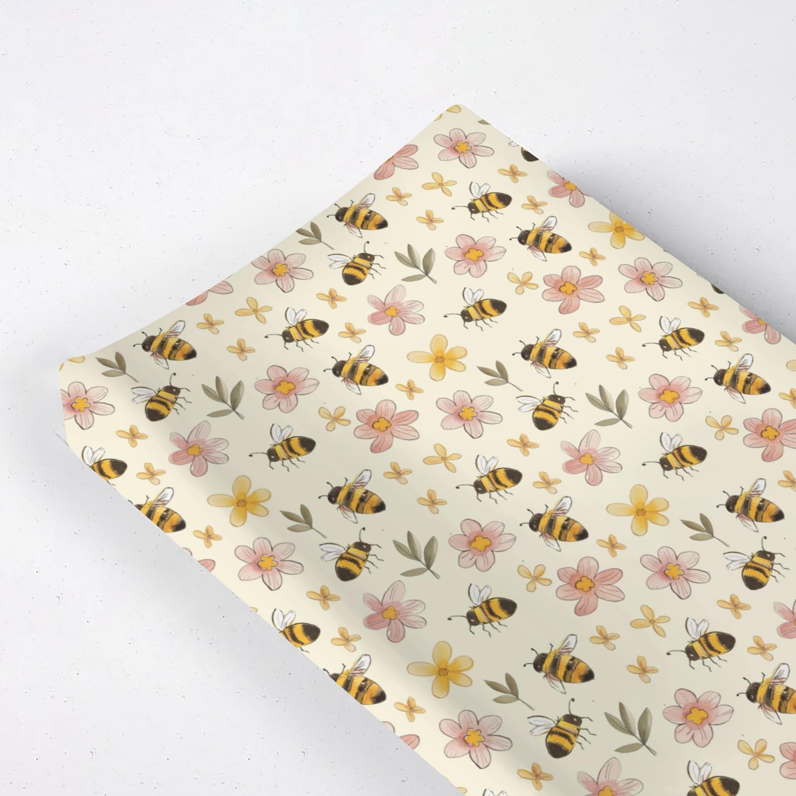 KuphiL10C Spring Watercolor Bees changing pad cover top view highlights quick-dry fabric