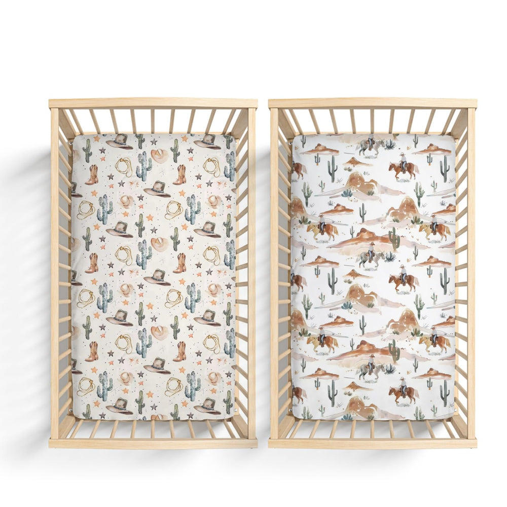 KuphiL10C Western cactus horses crib sheet 2-pack secured for a snug fit in the crib.
